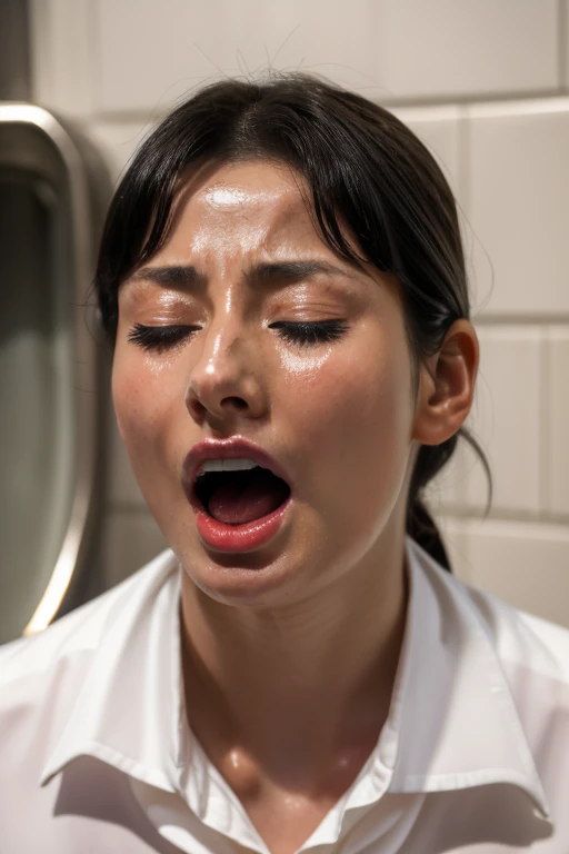 beautiful japanese actress、1 girl,debris flies,,Award-winning photo, very detailed,face focus, double big eyes(woman with open mouth and closed eyes ), 18-year-old、black hair、shiny skin、(((close up of face)))、realistic nostrils、elongated nasal cavity,、small toilet,squat、((white collared shirt))、big breasts、(sharp nose)frown performance:1.4,,performance,frown,please raise your head、Skin shiny with sweat,oily facial skin,tied hair,Crouching female teacher,、squat、50 degree hot room、Skin shiny with sweat、wet transparent fabric,Sweaty all over my face,Face enduring severe pain、screaming face,Open your mouth wide and scream,public toilet,toilet bowl,bust chart,Upper body