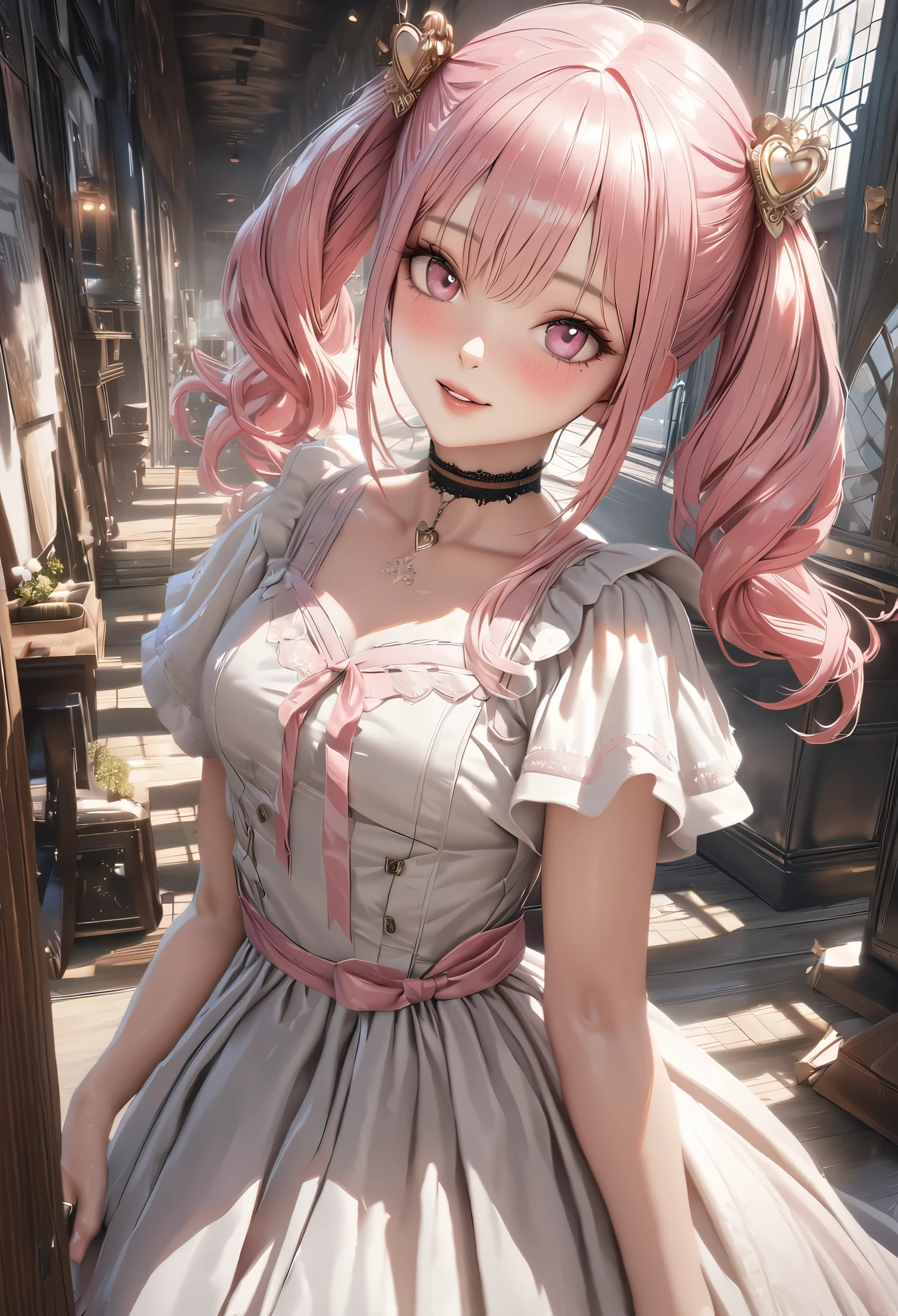 highest quality, highest quality, Super detailed, High resolution, High resolution, HDR, 4k, 8K, unity 8k wallpaper, Detailed CG, masterpiece, realistic, photorealistic, 2D, 3D, beautiful details, depth, fine texture , super fine: 1.3, Fully focused, Crispy.skin, .he,
Very cute anime girl with pigtails hair in a pink bun dressed like a doll, smile,one girl,he女の名前はミラです, alone, pink hair,, mole under the eyes, looking at the viewer, dress, blush, 白いdress, mole, parted lips, hair ornaments, heart, pink eyes, choker