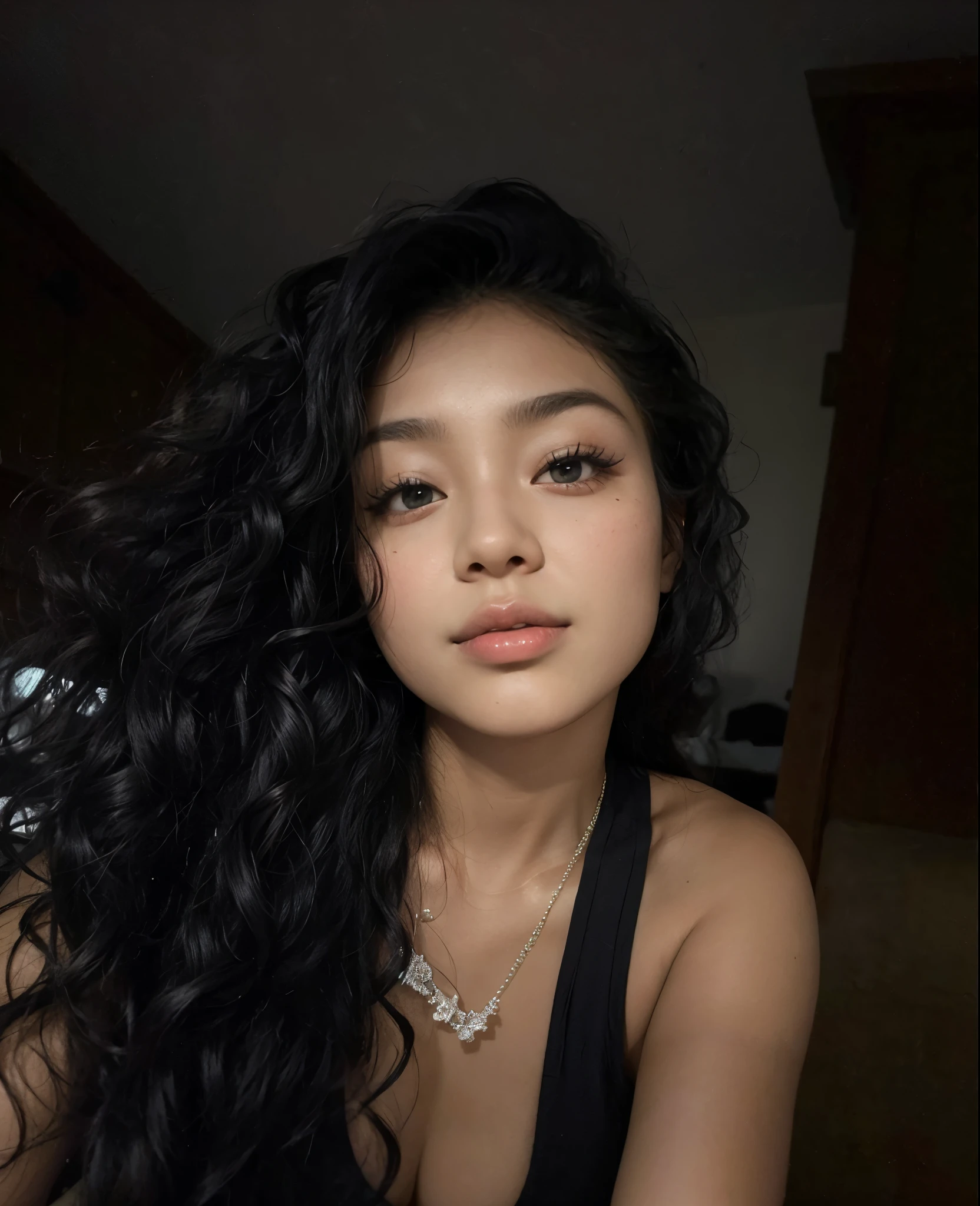 Mulher de pele negra deitada na cama, bela jovem de 24 anos, asian features, pele negra, irene