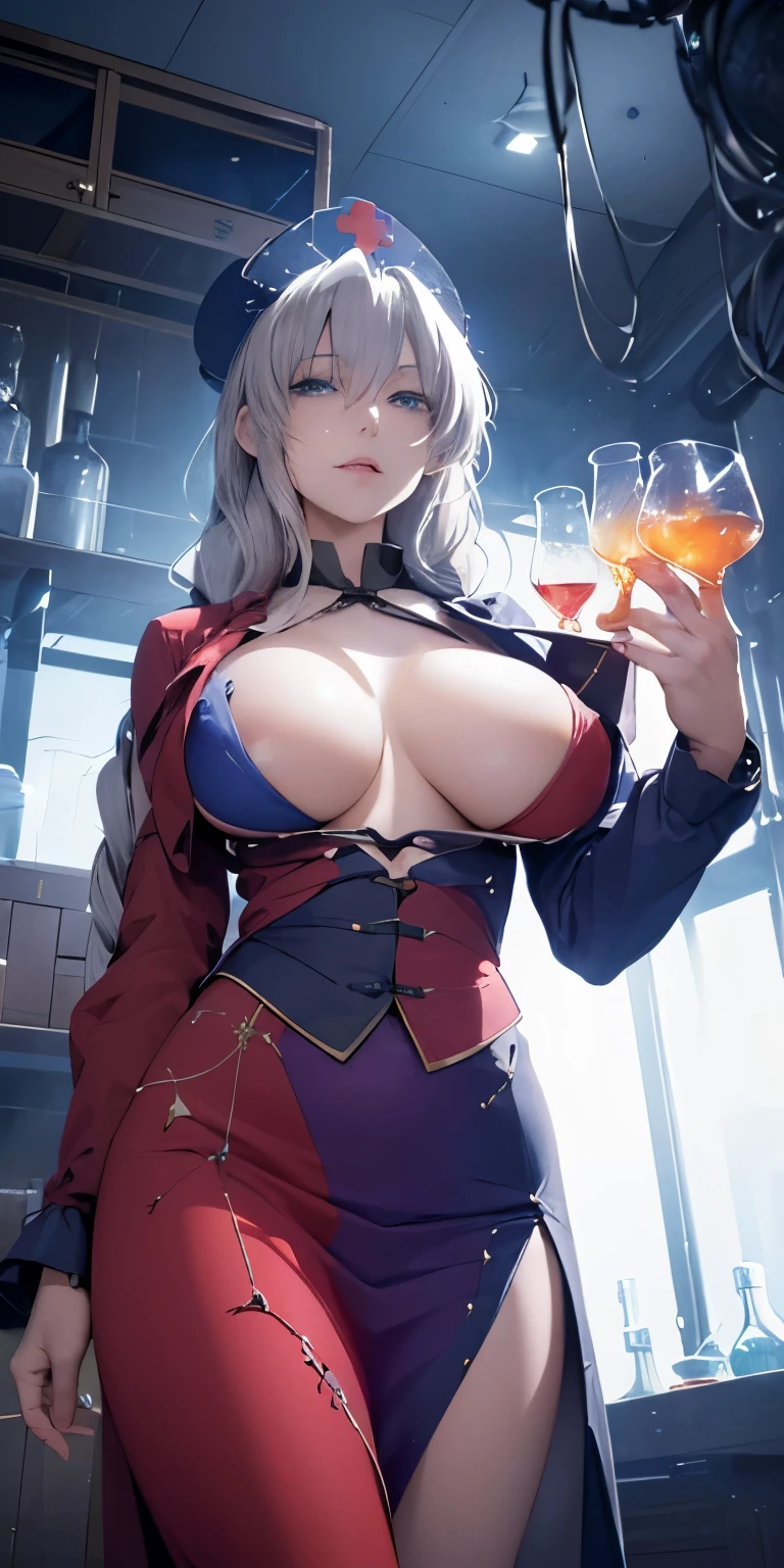 (masterpiece, best quality:1.3), (from below:1.3), Yagokoro Eirin, Touhou Series, perfect face, expressive eyes, 1woman, looking at viewer, 38 years old, gorgeous body, big breast, beautiful, anime, lora,1woman, silver hair, braid hair, nurse cap, red and blue clothes, long skirt, (evil look, looks down on viewer:1.5), (cinematic lighting, realistic, dream-like, enchanting atmosphere:1.3), (photo of a woman in her dark and mysterious environment:1.3), (the woman surrounded by an aura of mystery and intrigue:1.3), (a dark and mysterious laboratory decorated with many flasks, each filled with colorful liquids:2.0), (a crystal ball nearby, adding to the mystical setting:1.3), (a hint of incense in the air, adding to the sensory experience:1.3), 