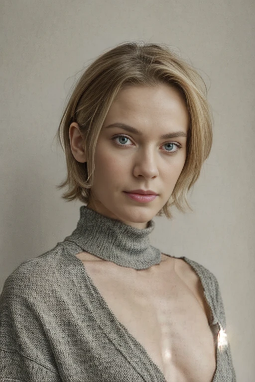 half body portait:1.4). RAW und portrait photo of 44-year-old German androgynous feminine male non-binary named Shay Nollaig, (flat chest:1.5), short blonde hair, blue eyes, prominent brow, Adams apple, tall, wearing turtleneck dress, blank wall background, detailed skin pores, dslr, ultra quality, sharp focus, tack sharp, film grain, (centered), fujifilm XT3, different angles
