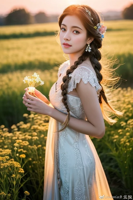 Graceful sexy pretty girl standing in meadow, Delicate face illuminated by the soft light of the setting sun. Her long, Flowing hair, Decorated with intricate braids、Adorned with sparkling gemstones. This stunning picture is、、It captures the ethereal beauty of her pretty sexy look. Slender figure in a silk dress、Swaying in the soft steppe breeze. Attention to detail、Face that is、It is evident in the intricate patterns of the dress and the subtle highlights of the luminescence. skin. The breathtaking portrayal of the sexy girl is Create an enchanting atmosphere, facing front, looking sexy to camera , various shot angle 