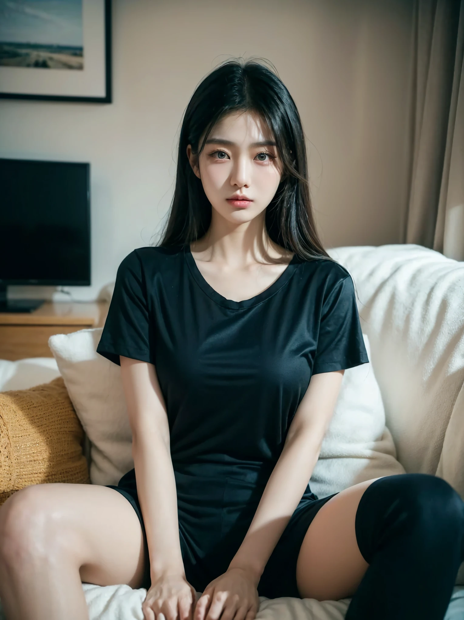 Korean girl, clean face, black t shirt, (((172 cm height and 60 kg body weight, fat body))). Sitting straight and flirt on sofa and at night, one hand hold chin, sleepy eyes, 800mm lens, realistic, hyperrealistic, professional photography, deep photography, ultra HD, very high quality, best quality, HDR10+, Dolby Vision, focus photo, deep focus, very detailed, original photo, ultra sharp, inside apartment bedroom.