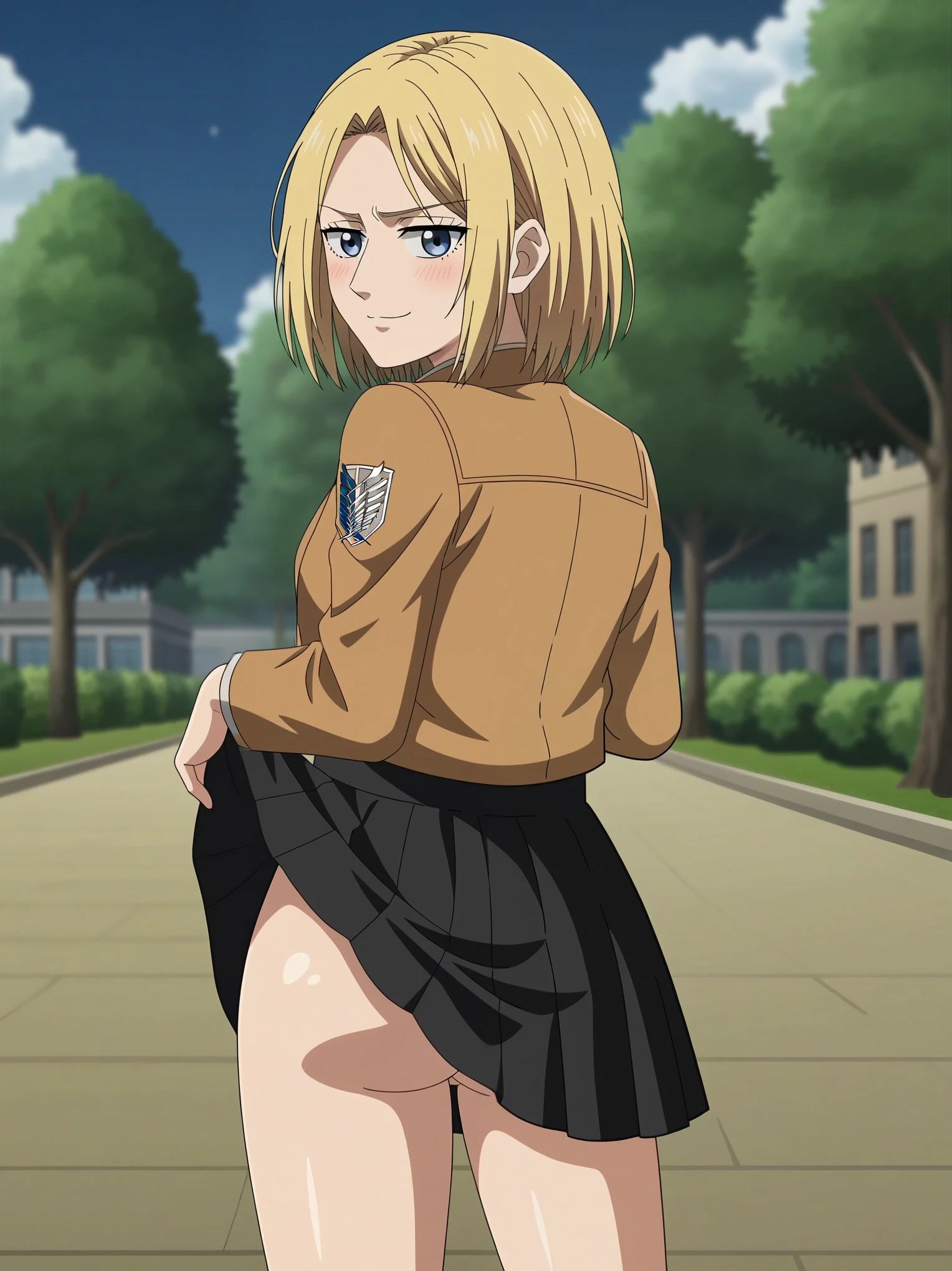 source_anime,score_9,score_8_up,screencap, anime screencap, BREAK, 1girl,solo,outdoors,public park,park,aot, annie leonhart, attack on titan,public,wearing goth skirt, goth, goth girl,no pants,no panties,looking at viewer,straight hair, free flowing hair, undone hair,medium length hair, skirt lift, ass, back view, smug, Shy, embarrassed, night time, dim light, blonde hair, blue eyes, night
