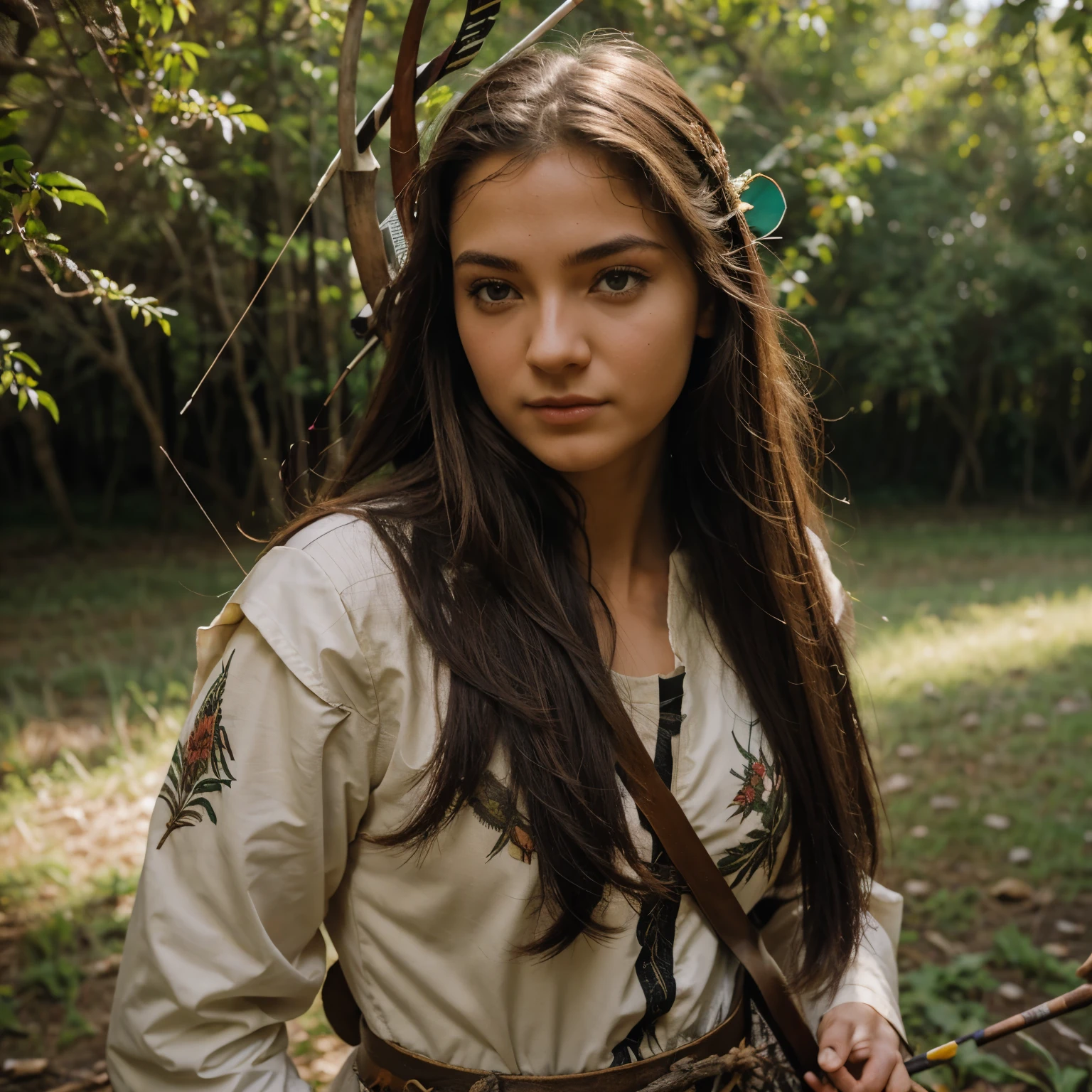 Uma de 17 anos, branca, com sardas, olhos castanhos e cabelos ruivos lisos, with hunting and bow clothes and arrows on the back, em uma floresta temperada