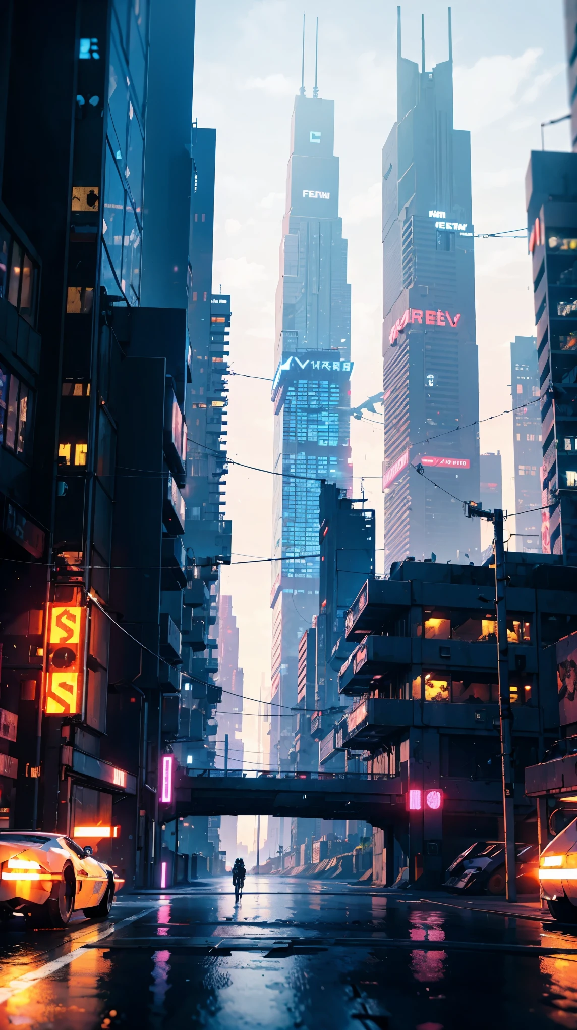 ((Cyberpunk future)), image of the center of a cyberpunk city, surrounded by buildings with a river in the middle, ferry in the city, yellow ferry, point crossing the city, advertising signs everywhere, retro future