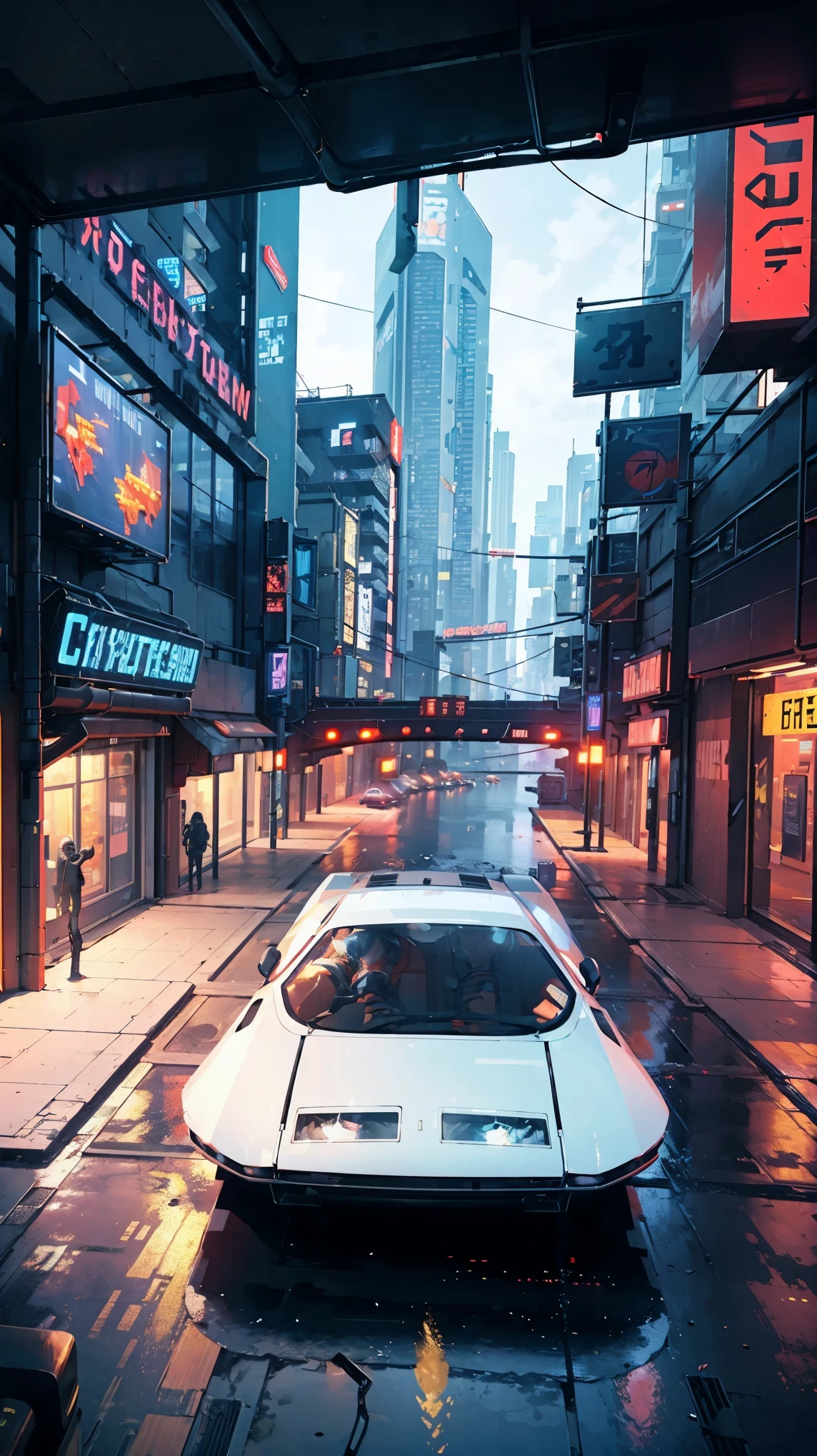 ((Cyberpunk future)), image of the center of a cyberpunk city, surrounded by buildings with a river in the middle, ferry in the city, yellow ferry, point crossing the city, advertising signs everywhere, retro future