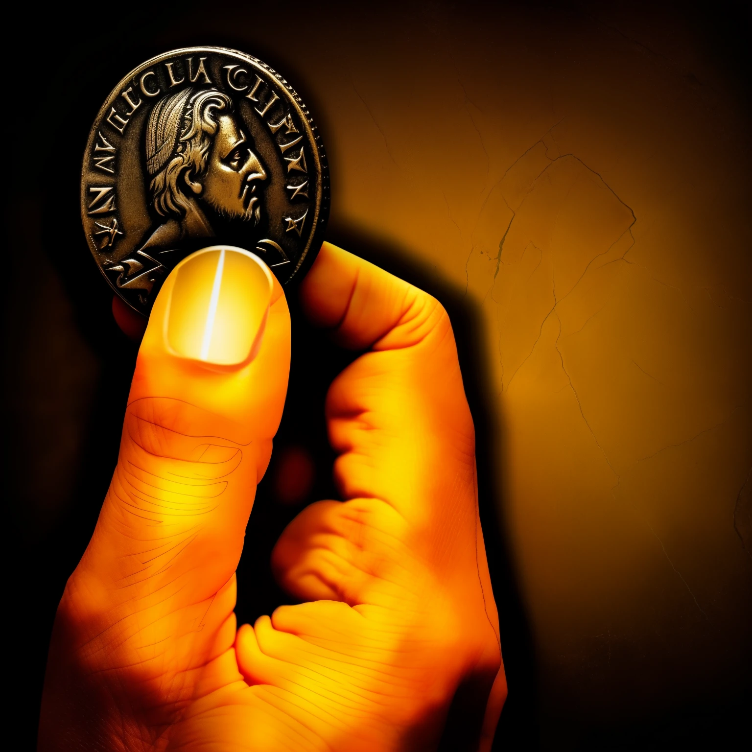 someone is holding a coin in their hand with a finger, coin, medieval coin texture, coin of secret society, by John Moonan, holding a holy symbol, as an offering to zeus, by Mathias Kollros, holding holy symbol, wallpaper - 1 0 2 4, beware the ides of march, by Kristian Kreković