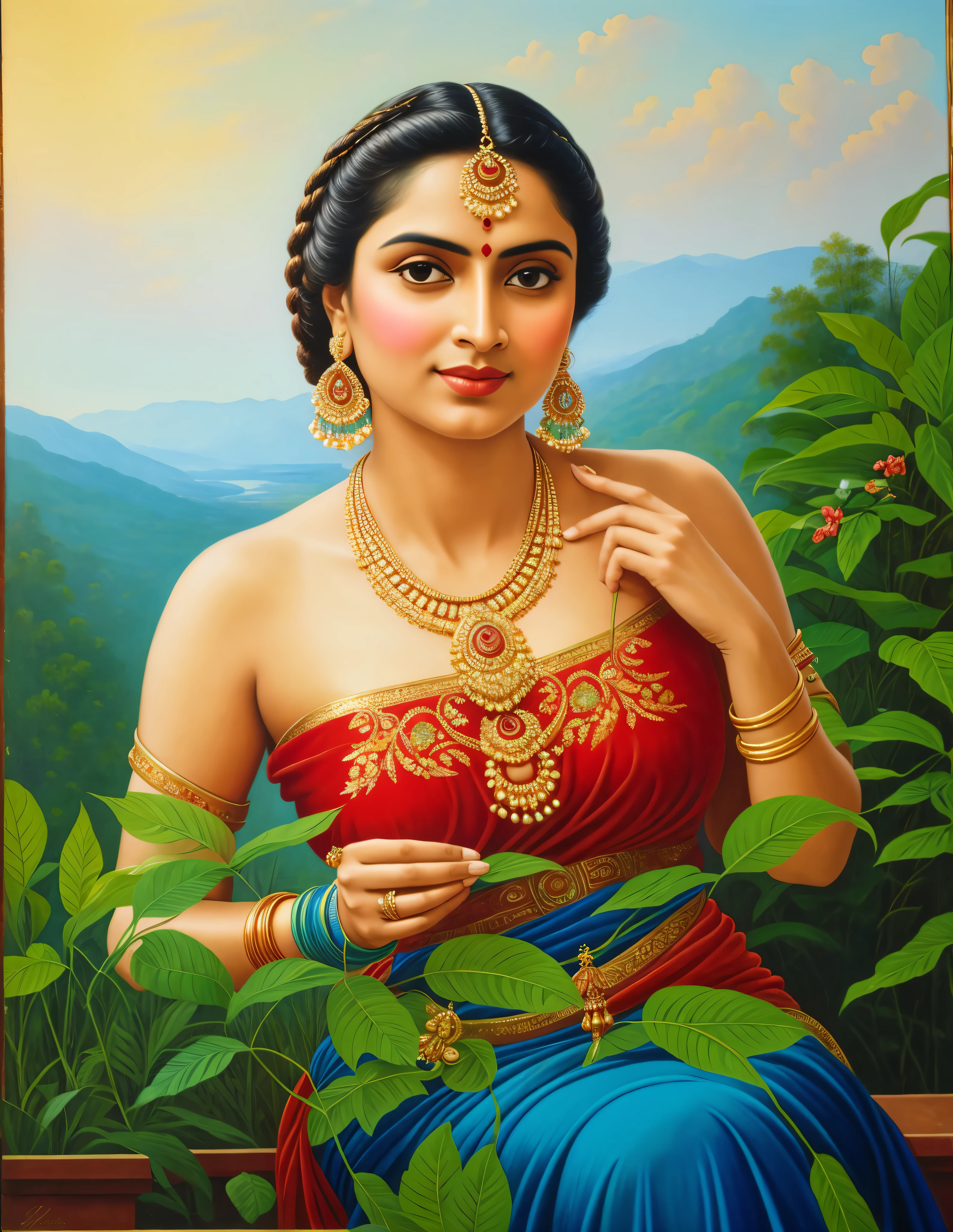 Masterpiece, painting of a woman in a blue dress with a red top and gold jewelry, inspired by Raja Ravi Varma, portrait of a beautiful goddess, by Raja Ravi Varma, a stunning portrait of a goddess, szukalski ravi varma, traditional beauty, indian goddess, beautiful goddess, portrait of modern darna, portrait of a goddess, goddess portrait, perfect body, proportional body, perfect body posture, masterpiece, Indian sensibility, exotic Indian art,