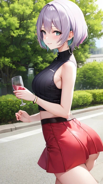 feminine smile ,  flare mini skirt , tanktop , in the park , walking slowly , waving skirt , On a date ,  various poses ,  various angles , ((Angle from below)) , various top and bottom angles