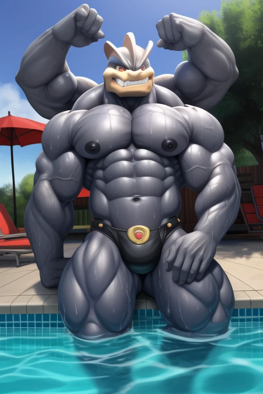 an (humanoid, 4-armed, anthro, (machamp:1.00)) at the pool(by maldu, by tojo the thief, by kusunagi, by lindong), (ultra res, masterpiece, pinup, (emerging, (from the pool)))), (solo, male, muscular humanoid), (detailed muscles, photorealistic muscles, beautiful muscles), (detailed face, photorealistic face, beautiful face), flared nostrils, ((underbite:0.88), (teeth showing:0.60), (humanoid teeth:0.80), straight teeth, photorealistic teeth, beautiful teeth), (red eyes), (humanoid eyes, detailed eyes, photorealistic eyes, beautiful eyes, detailed iris, beautiful iris, retrace eyes), (humanoid pecs, detailed pecs, photorealistic pecs, beautiful pecs, wet pecs), (humanoid nipples, small nipples, detailed nipples, dark nipples:0.22, photorealistic nipples, beautiful nipples), (humanoid abs, detailed abs, photorealistic abs, beautiful abs), (humanoid navel, detailed navel, photorealistic navel, beautiful navel), (detailed biceps, photorealistic biceps), (humanoid butt, detailed butt, photorealistic butt, beautiful butt), (wearing a (solid black), (tight clothing:0.88), speedo), (veiny muscles, veiny legs), (grey skin, dark skin:0.88, photorealistic skin, beautiful skin), (((shaved body texture))), (wet, detailed water, photorealistic water), (hands, machamp's hands, humanoid fingers, dark fingernails), (feet, machamp's feet, 2 toes), photorealistic background of a (pool, water, blue sky), (specular lighting, ray tracing, retrace face, retrace body, retrace eyes, shaded),