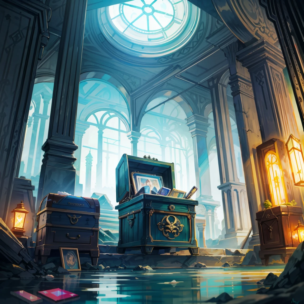 (best quality,4k,8k,highres,masterpiece:1.37),pixel art,(aerial view),(top down perspective),(the focal point of the composition is a character curiously pulling a video game cartridge out of a treasure chest full of retro video game cartridges:1.6),(The scene unfolds inside a mystic cavern:1.4),(dramatic angle shot:1.4), (fantasy and sci-fi mixed:1.5), vibrant colors, glowing lights, (abandoned machinery), mystical creatures, pixelated details, (crystal formations), (futuristic technology), (ancient artifacts), mystical energy, vibrant retro aesthetic, atmospheric lighting, hidden passages, ancient ruins, mysterious symbols, shimmering water, lush vegetation, interdimensional portals, ethereal music, nostalgic atmosphere, immersive storytelling, epic adventure, delightful surprises.