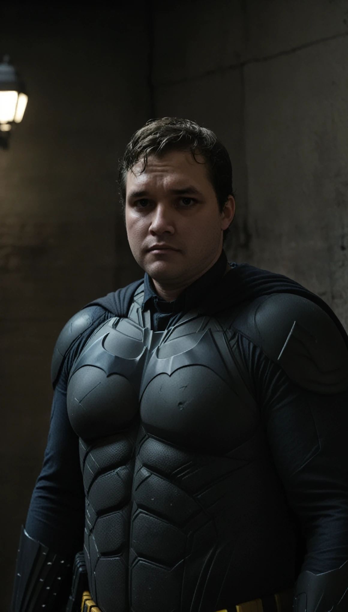 medium fat guy dressed like batman, 70kg weight, ((the dark knight)), dark alley, ((unmasked)), cinematic, realistic cinema, potrait, show face, bruce wayne ((real face))
