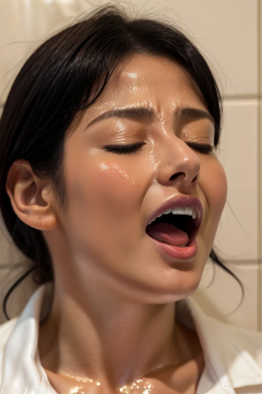 beautiful japanese actress、1 girl,debris flies,,Award-winning photo, very detailed,face focus, double big eyes(woman with open mouth and closed eyes ), 18-year-old、black hair、shiny skin、(((close up of face)))、realistic nostrils、elongated nasal cavity,、small toilet,squat、((white collared shirt))、big breasts、(sharp nose)frown performance:1.4,,performance,frown,please raise your head、Skin shiny with sweat,oily facial skin,tied hair,Crouching female teacher,、squat、50 degree hot room、Skin shiny with sweat、wet transparent fabric,Sweaty all over my face,Face enduring severe pain、screaming face,Open your mouth wide and scream,public toilet,toilet bowl,bust chart,Upper body
