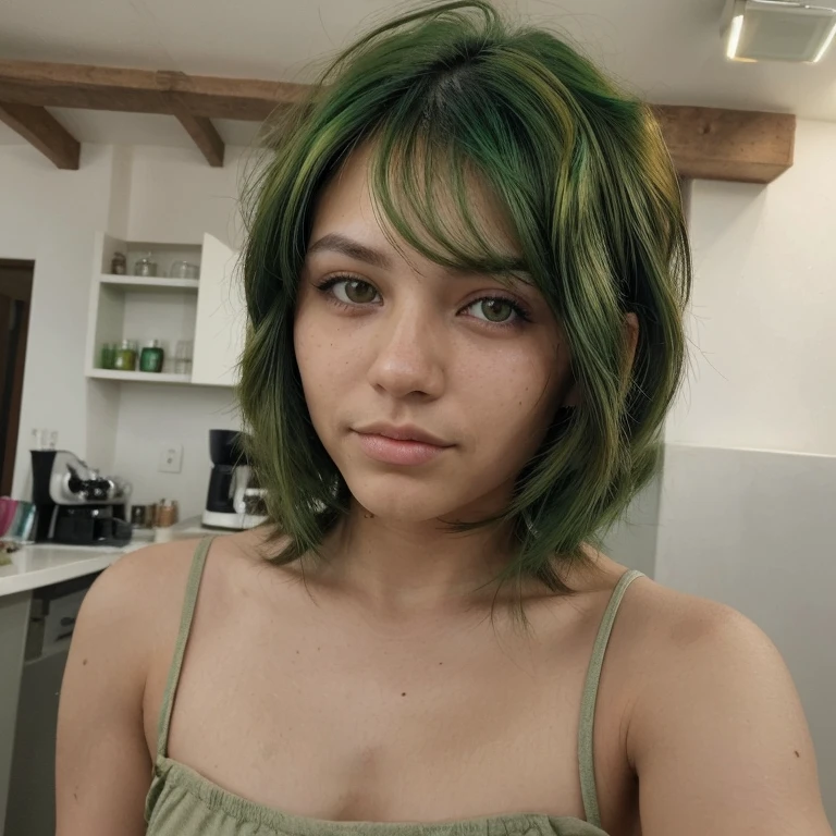 Un chico de cabello verde, con ojos cafeces