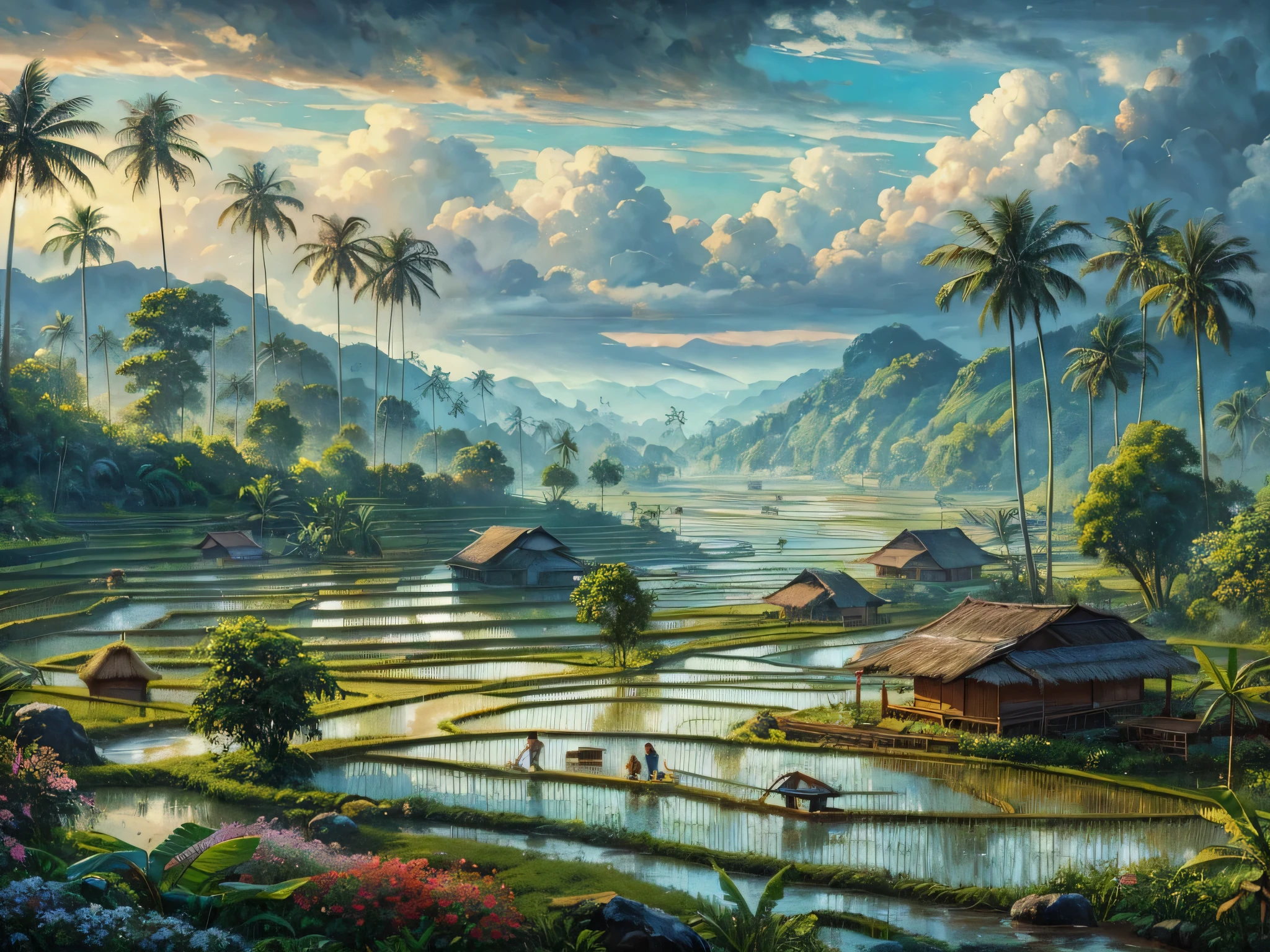 views of rice fields, hills, coconut trees, big trees, houses on the edge of the rice fields, people planting rice, rivers, rocks, majestic clouds, tropical plants and flowers in the foreground, inspired by oil painting, impressionist, wet on wet technique, color old painting