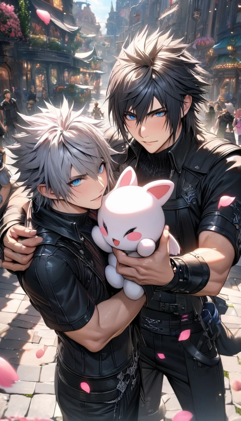 absurdres, highres, ultra detailed, HDR), masterpiece, best quality, vibrant blue eyes, finely eyes and detailed face, Riku, grey hair, Kingdom hearts, Noctis Lucis Caelum, black spiky hair, Final fantasy xv, 2men together, gay, handsome, fantasy city, pink flowers, pink butterflies, holding a cute fur moogle, pink petals