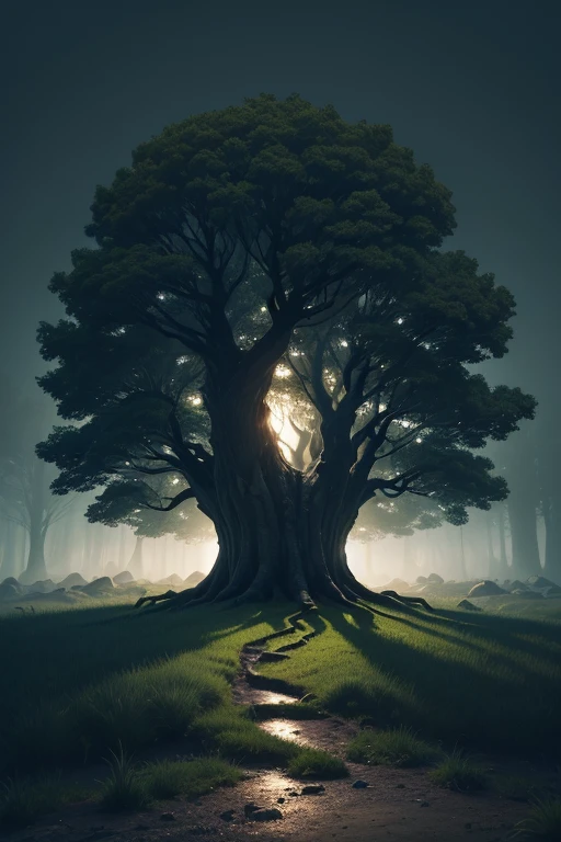 The tree is the central point of the image, representando a jornada de crescimento pessoal. She's big, robust and healthy, with visible details on its leaves, galhos e tronco, Even in the darkness of the night.Deep and Strong Roots: The roots of the tree are portrayed as deep and strong, diving into the ground to impart stability and solid foundation. They intertwine with the earth, symbolizing the rooted connection necessary for personal growth.Jornada de Crescimento Pessoal: Visual elements such as small buds or new leaves appearing on the tree's branches represent ongoing personal development and overcoming, Even in the darkness of the night.Ambiente Noturno e Imponente: The environment around the tree is dark and imposing., Conveying mystery and power. The tree stands out in the darkness of the night, creating an atmosphere that reflects the journey of self-knowledge and overcoming, mesmo diante dos desafios noturnos.Lighting and Night Colors: The lighting is gentle and subtle, highlighting the details of the tree and the night environment. The colors are predominant in dark and mysterious tones, with deep green for the leaves and dark, blackish brown for the trunk and roots.Com essas diretrizes, artificial intelligence can create an atmospheric and imposing image, with a majestic tree in the center of the scene, its roots sinking into the dark soil of the night, while small signs of growth and overcoming are visible amidst the darkness.(fechar-se:1.2) (macro:1.1) (obra de arte), (Melhor qualidade), (amazing digital art), Atmospheric scene inspired by a Peter Jackson fantasy film, paisagem deslumbrante, montanhas imponentes,dramatic lighting, cores mortas, expertly capturing the essence of an epic cinematic experience. nao adiciona personagem e de enfase nos tons(preto,acinzentado)
