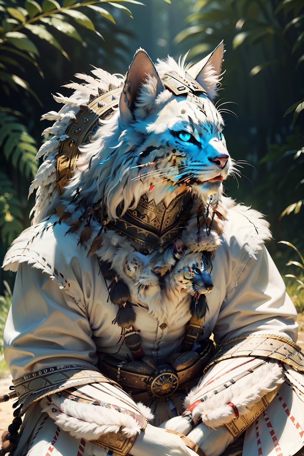 A white anthropomorphic cat, sitting with a full-faced gaze, dons a traditional Indian headdress adorned with vibrant feathers. War paint marks his noble face, adding an air of mystery and strength. The western style setting enhances the contrast between the wild and the civilized, creating a captivating image that tells a story of ancient cultures and mythical beings.