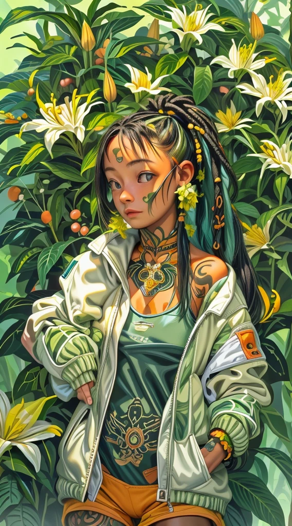 ((girl), (green:1.5, orange:1.1, white:1.3, yellow:1.3))_((very sexy rapper girl with dreadlocks hair), tattoos,(naked body parts), (down jacket :1.2),(Jacket on a naked body, mother, thong))__(( fractal, Flowers, leaves, Fog, lilies, circles background)).