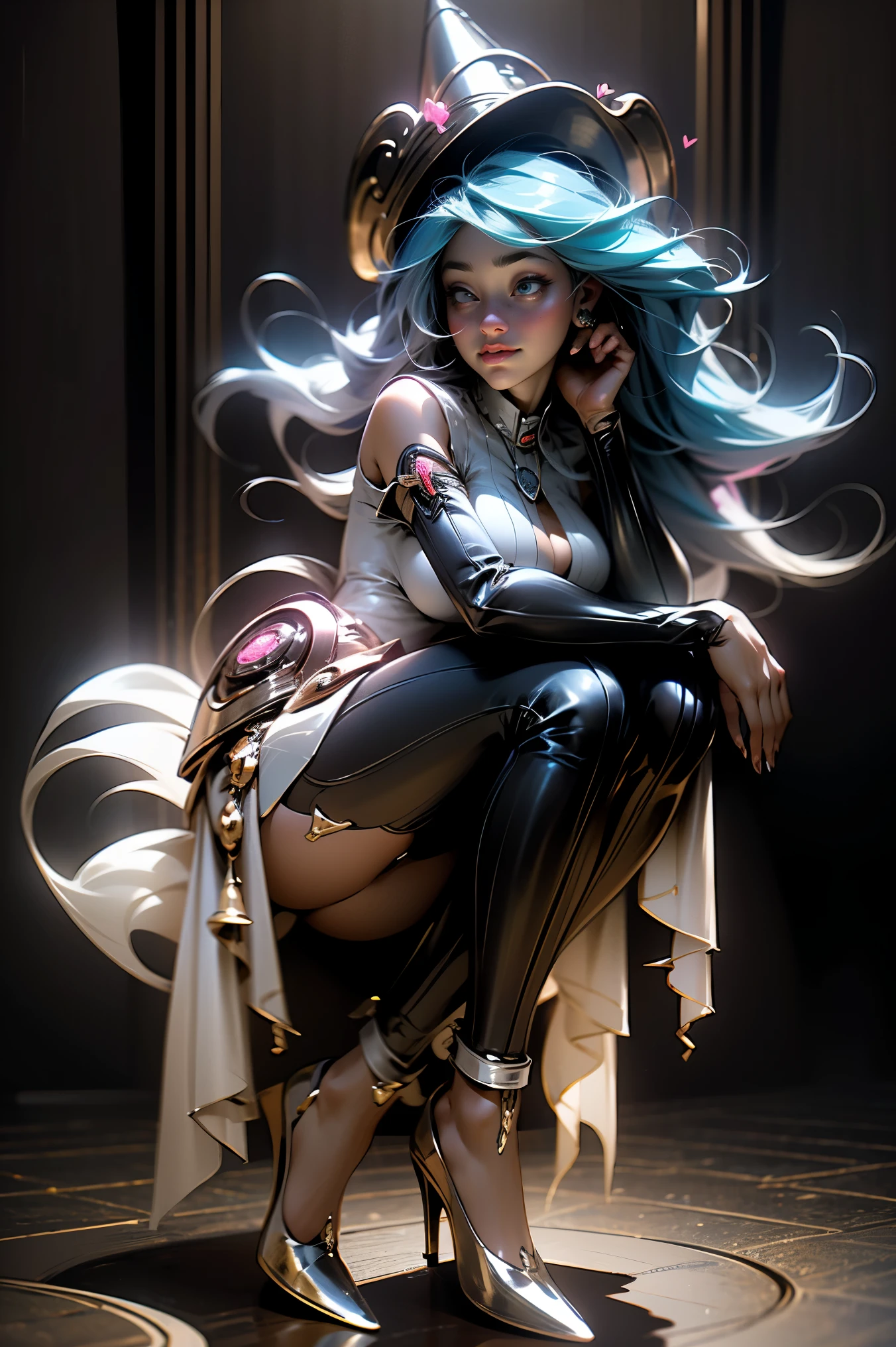 (obra maestra:1.2), (La mejor calidad:1.2), perfect lighting, Chica Maga Oscura lanzando un hechizo, en batalla. flotando en el aire, tetas medianas visibles, escote transparente, bata azul, sombrero grande, desde arriba, Destellos, Yugioh juego, The magic of the heart. LIGHTS OF THE HEART, Romantic heart. Ella usa tacones dorados. En tacones. Tacones