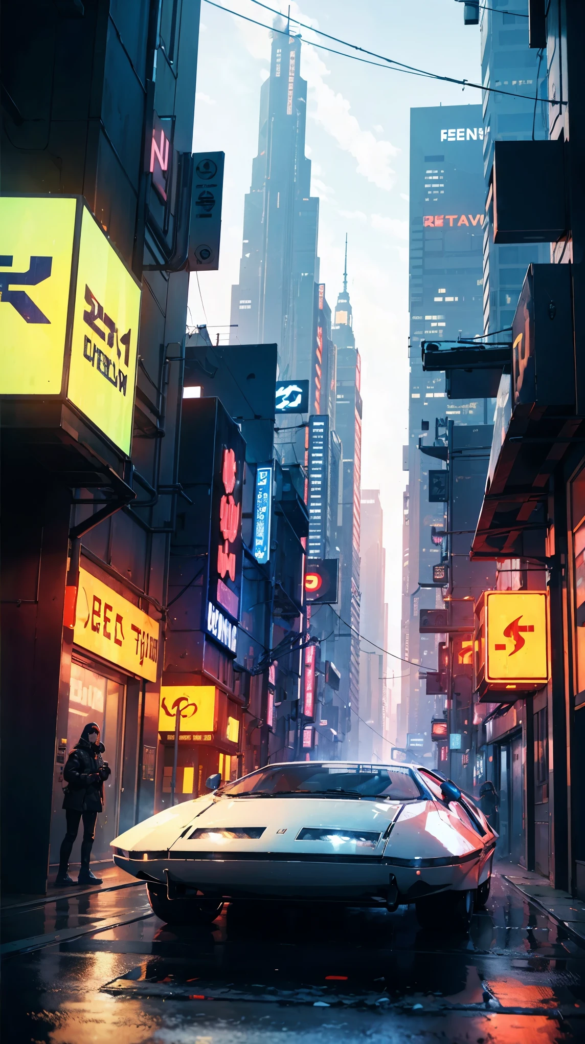 ((Cyberpunk future)), image of the center of a cyberpunk city, surrounded by buildings with a river in the middle, ferry in the city, yellow ferry, point crossing the city, advertising signs everywhere, retro future