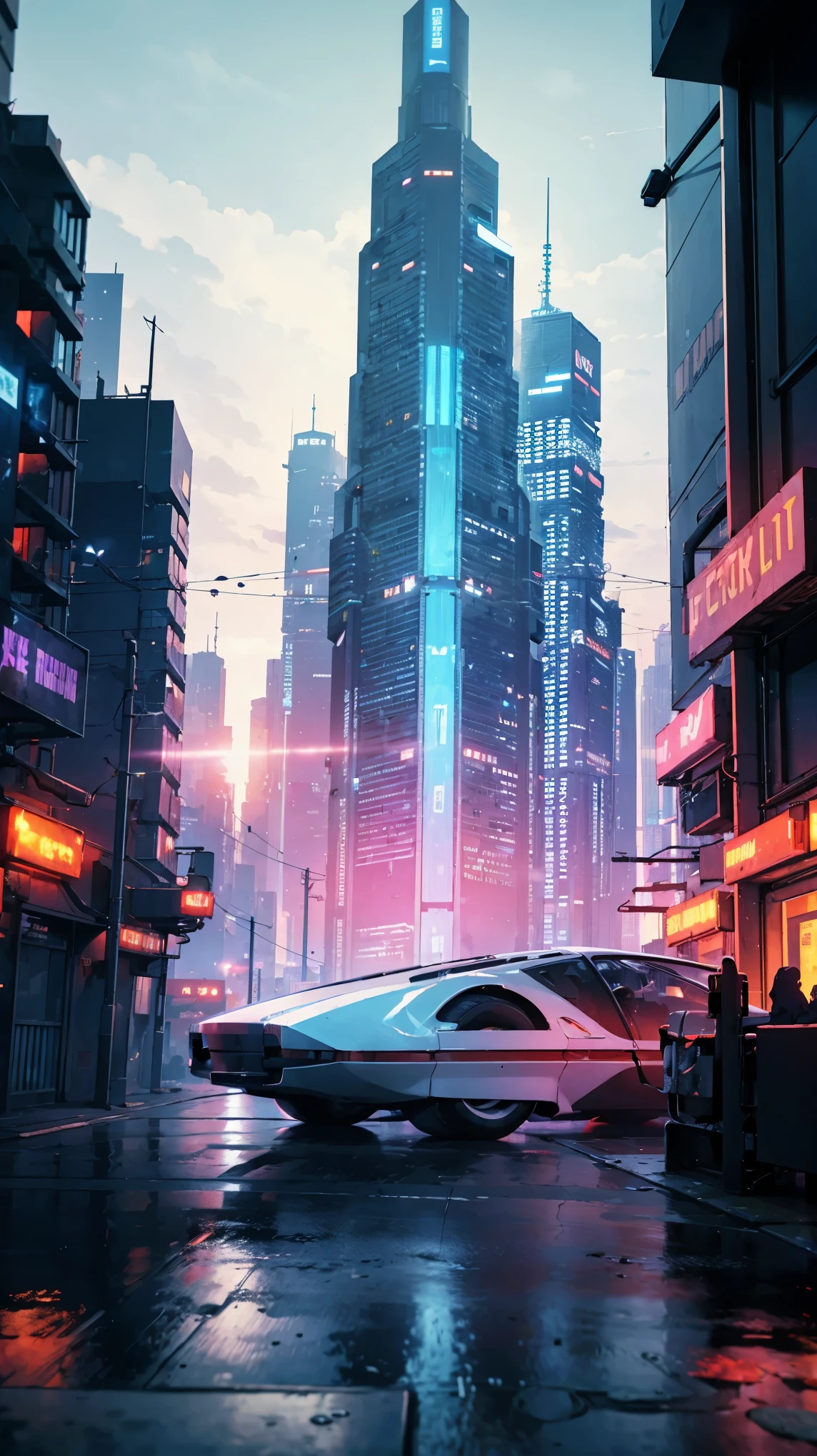 ((Cyberpunk future)), image of the center of a cyberpunk city, surrounded by buildings with a river in the middle, ferry in the city, yellow ferry, point crossing the city, advertising signs everywhere, retro future