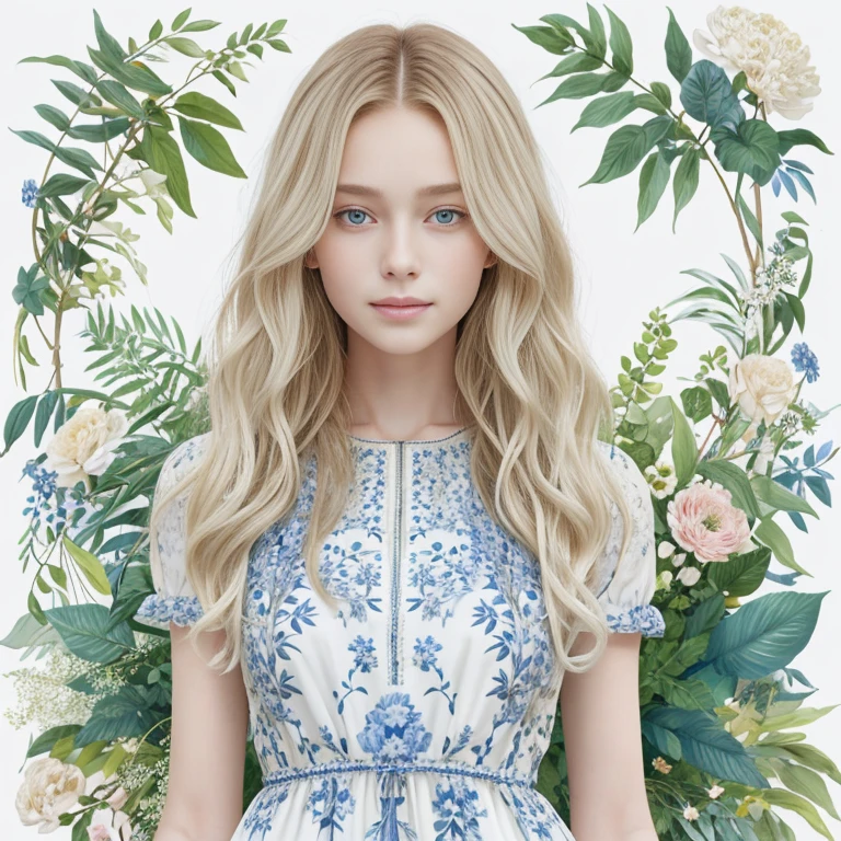Femme de race blanche aux yeux bleus, long wavy blonde hair, wearing a floral patterned dress, surrounded by lush green foliage in the background.