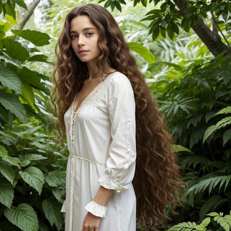 Femme de race blanche aux yeux marron, long, curly brown hair, portant une chemise à carreaux, surrounded by lush green foliage in the background.