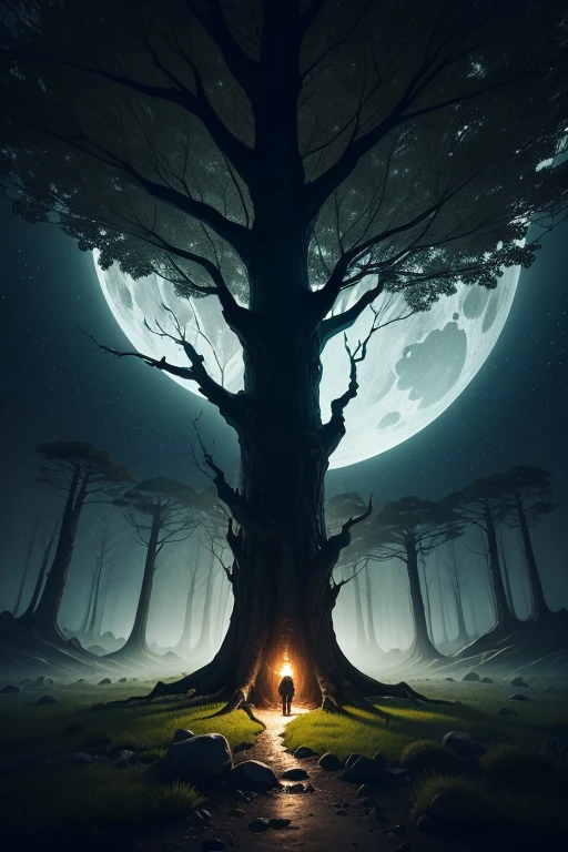 The tree is the central point of the image, representando a jornada de crescimento pessoal. She's big, robust and healthy, with visible details on its leaves, galhos e tronco, Even in the darkness of the night.Deep and Strong Roots: The roots of the tree are portrayed as deep and strong, diving into the ground to impart stability and solid foundation. They intertwine with the earth, symbolizing the rooted connection necessary for personal growth.Jornada de Crescimento Pessoal: Visual elements such as small buds or new leaves appearing on the tree&#39;s branches represent ongoing personal development and overcoming, Even in the darkness of the night.Ambiente Noturno e Imponente: The environment around the tree is dark and imposing., Conveying mystery and power. The tree stands out in the darkness of the night, creating an atmosphere that reflects the journey of self-knowledge and overcoming, mesmo diante dos desafios noturnos.Lighting and Night Colors: The lighting is soft and subtle, as if you hear a moon shining on the tree, but don&#39;t add the moon.., highlighting the details of the tree and the night environment. The colors are predominant in dark and mysterious tones, with deep green for the leaves and dark, blackish brown for the trunk and roots.Com essas diretrizes, artificial intelligence can create an atmospheric and imposing image, with a majestic tree in the center of the scene, its roots sinking into the dark soil of the night, while small signs of growth and overcoming are visible amidst the darkness.(fechar-se:1.2) (macro:1.1) (obra de arte), (Melhor qualidade), (amazing digital art), dramatic lighting, cores mortas, expertly capturing the essence of an epic cinematic experience. nao adicionar personagem e de enfase nos tons(preto,acinzentado)