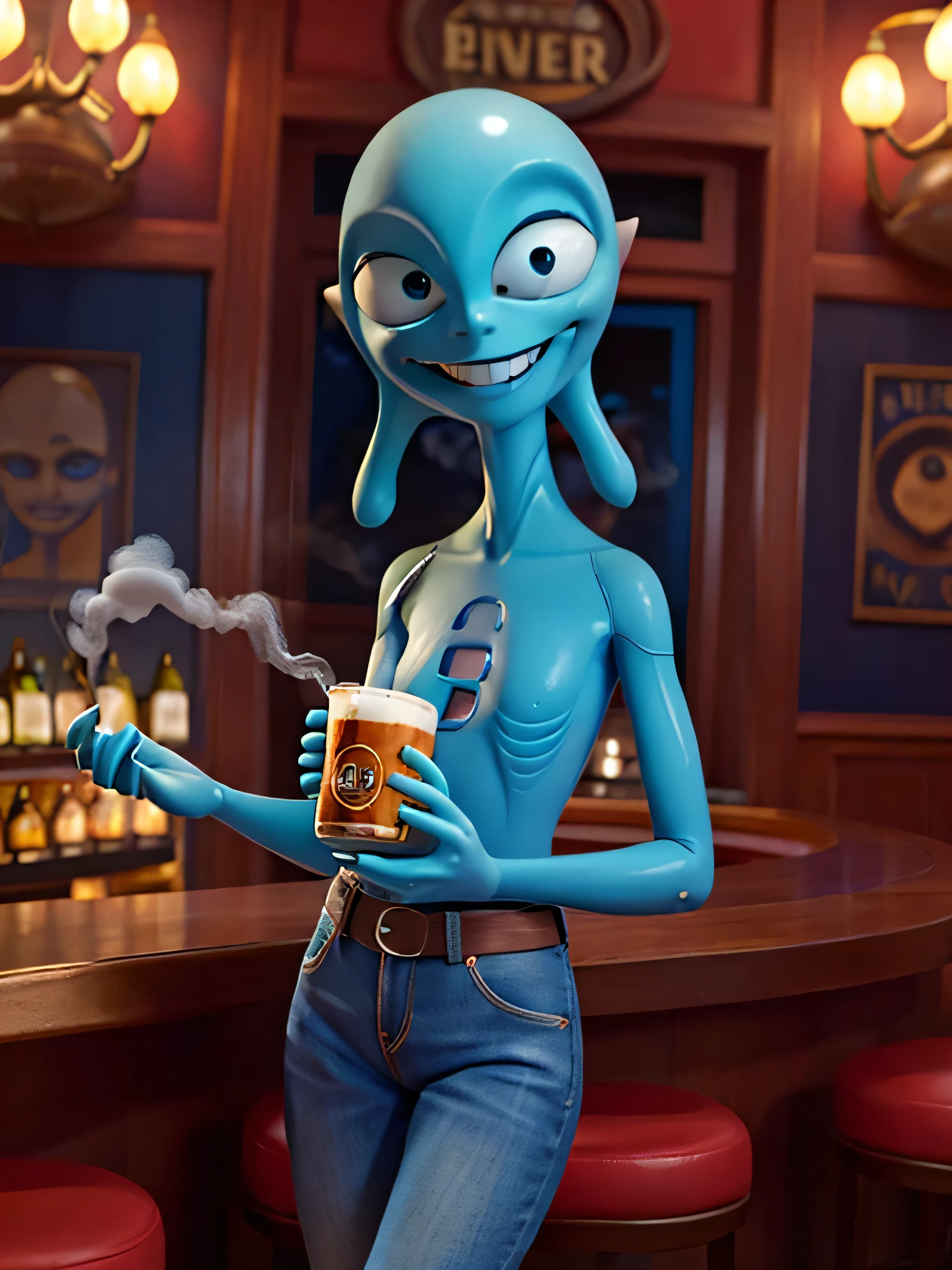 friendly full-length alien, smiling face, happy, friendly attitude, big-eyed alien, elongated slim body, full-length at a bar counter, drinking beer in a bar, classic Irish bar, ultra-detailed complex scene, charged atmosphere, smoke tobacco, blue cinematographic lighting, masterpiece, HDR, ray tracing, highest quality, 8k,