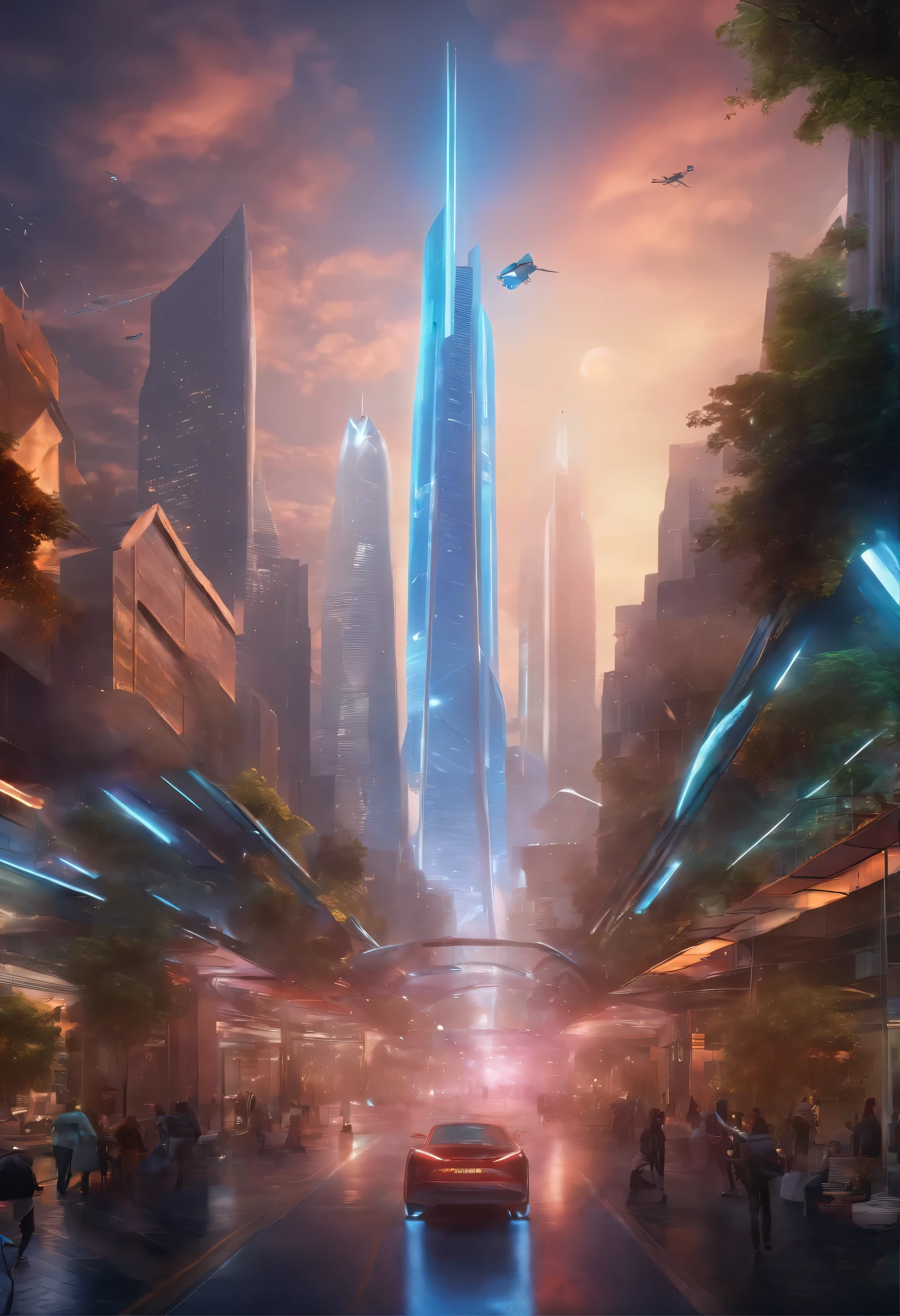 in a futuristic setting, visualize a bright, vibrant metropolis, where futuristic skyscrapers soar toward the heavens, surrounded by a network of neon lights that reflect off shiny glass buildings. Nas ruas, silent flying cars glide between buildings, as technologically advanced drones fly over the urban landscape. No horizonte, an artificial sunset projects a surreal color palette across the sky, highlighting a unique fusion between nature and technology. Nesse ambiente futurista, imagine elementos inovadores, como hologramas interativos, pedestrians using augmented reality devices and an atmosphere that conveys a balance between technological advancement and aesthetic harmony.