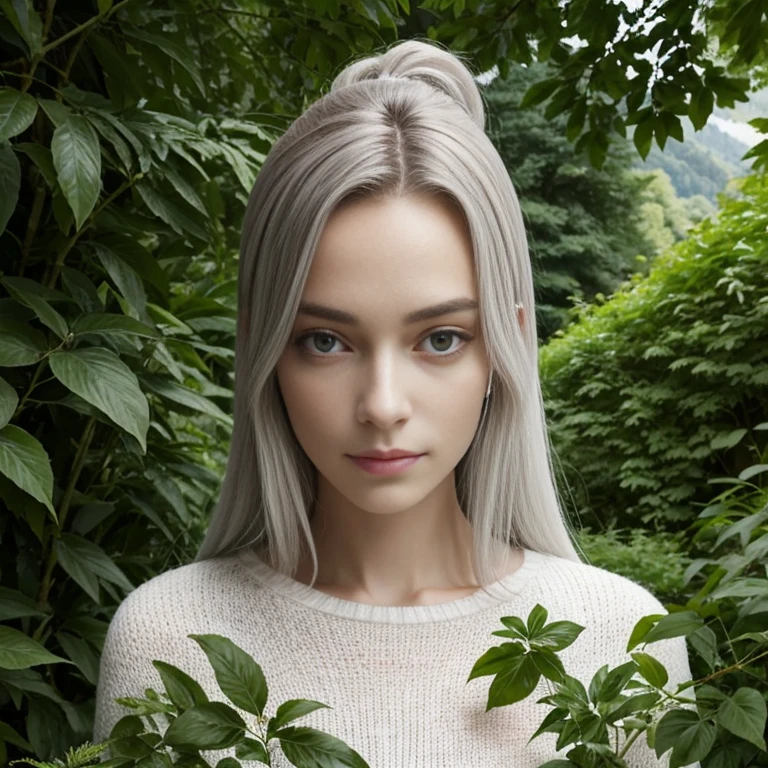 Femme de race blanche aux yeux gris, cheveux noirs longs et lisses, Portant un pull à col roulé, surrounded by lush green foliage in the background