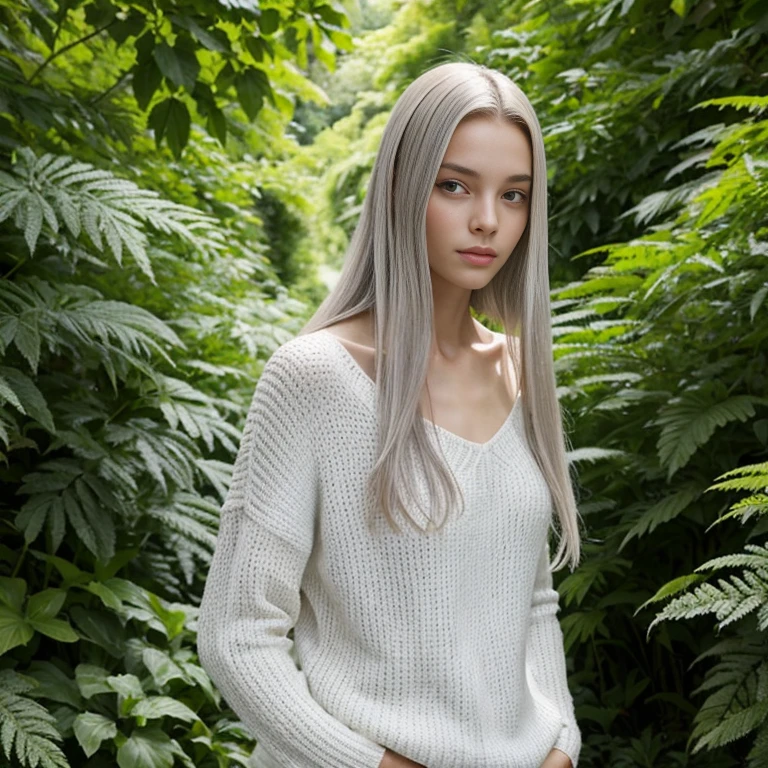 Femme de race blanche aux yeux gris, cheveux noirs longs et lisses, Portant un pull à col roulé, surrounded by lush green foliage in the background