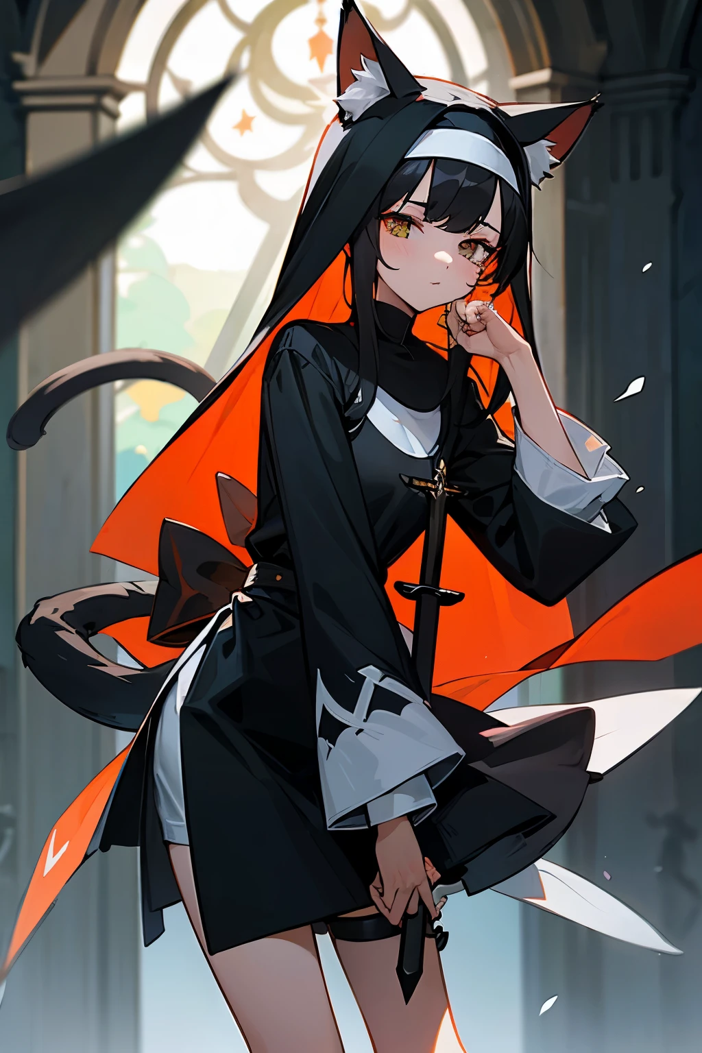 young woman ,height 155 centimeters ,breast size 3 ,, fluffy ears with black tips ,white tail with black tip ,fox ,Someone ,cat , skirt ,stockings ,topic ,cat ears ,small ears ,Black Ear Tips,black tip of the tail , black ears ,черный foxий хвост ,two knives in hands , Two daggers in hand , two swords in hands ,skinny legs, monastic , a nun , church .Prayer,Prays,black hair
