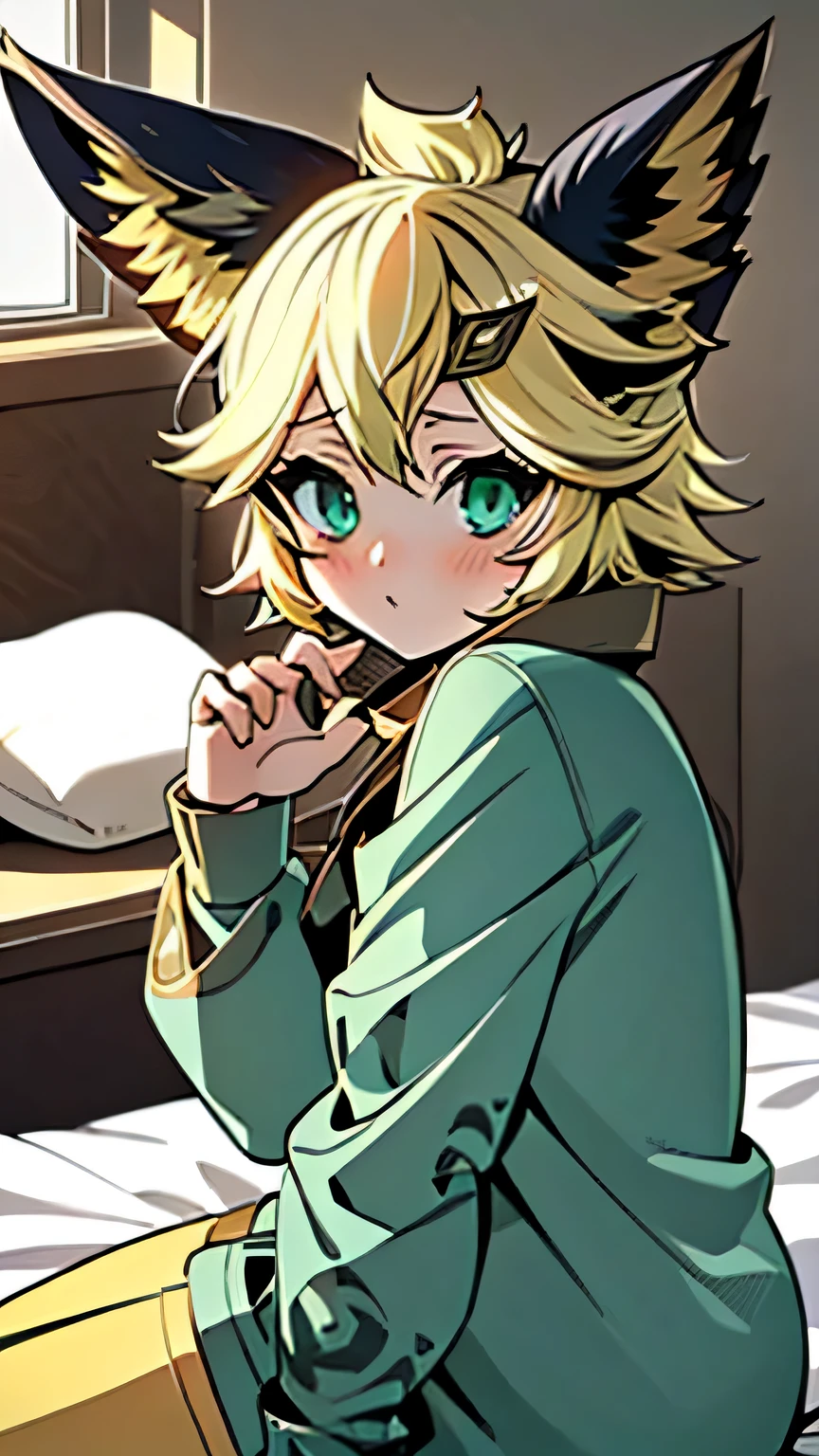 Masterpiece, high quality, 4k, best quality, Background in bedroom, girl, yellow hair, Green eyes, wearing pajamas, Animal ears, Sleep on your back on the bed