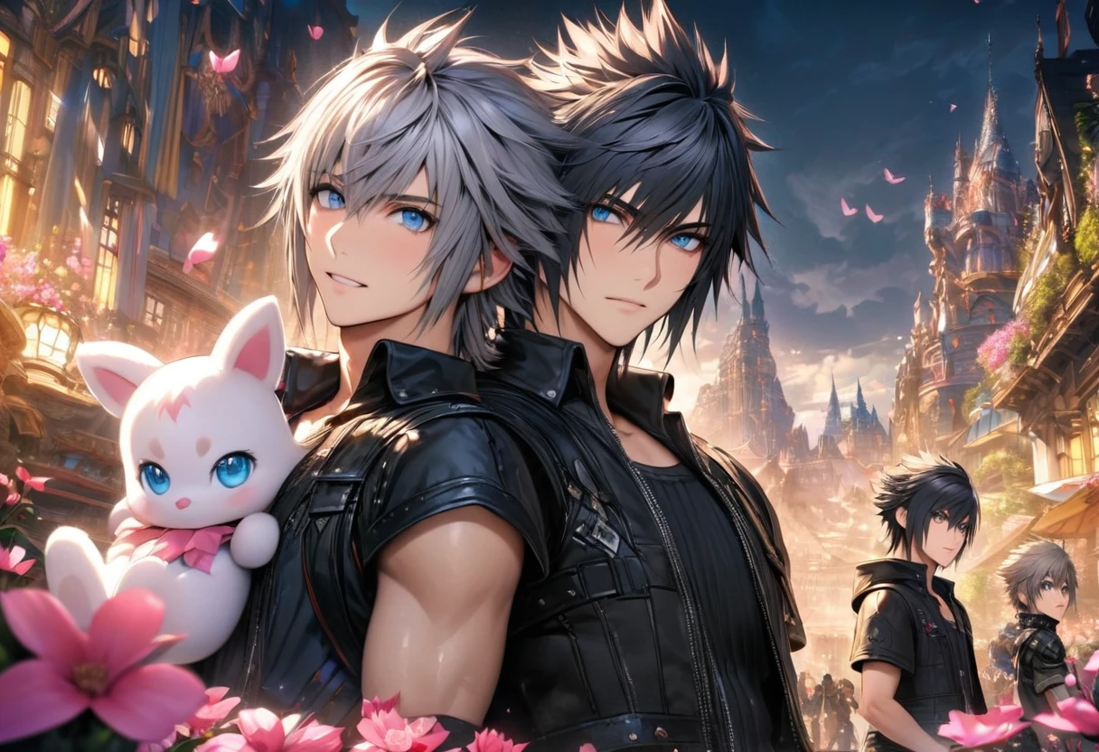 absurdres, highres, ultra detailed, HDR), masterpiece, best quality, vibrant blue eyes, finely eyes and detailed face, Riku, grey hair, Kingdom hearts, Noctis Lucis Caelum, black spiky hair, Final fantasy xv, 2men together, gay, handsome, fantasy city, pink flowers, pink butterflies, holding a cute fur moogle, pink petals