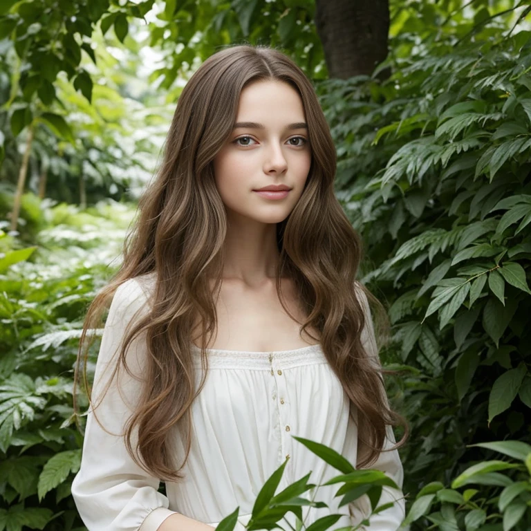 Femme de race blanche aux yeux noisette, long and wavy brown hair, portant un chemisier blanc, surrounded by lush green foliage in the background