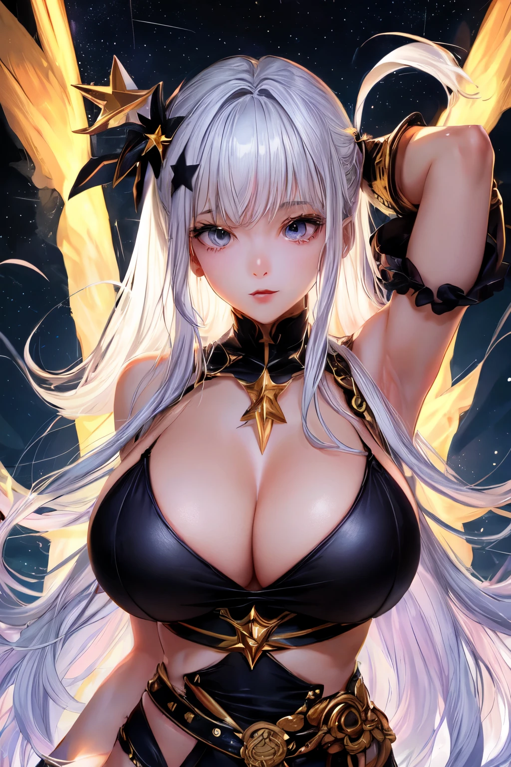 (detallado), (cara perfecta), ((tetas grandes)), (cabello blanco largo), ((en la oscuridad con estrellas)), ((venda negra en los ojos))