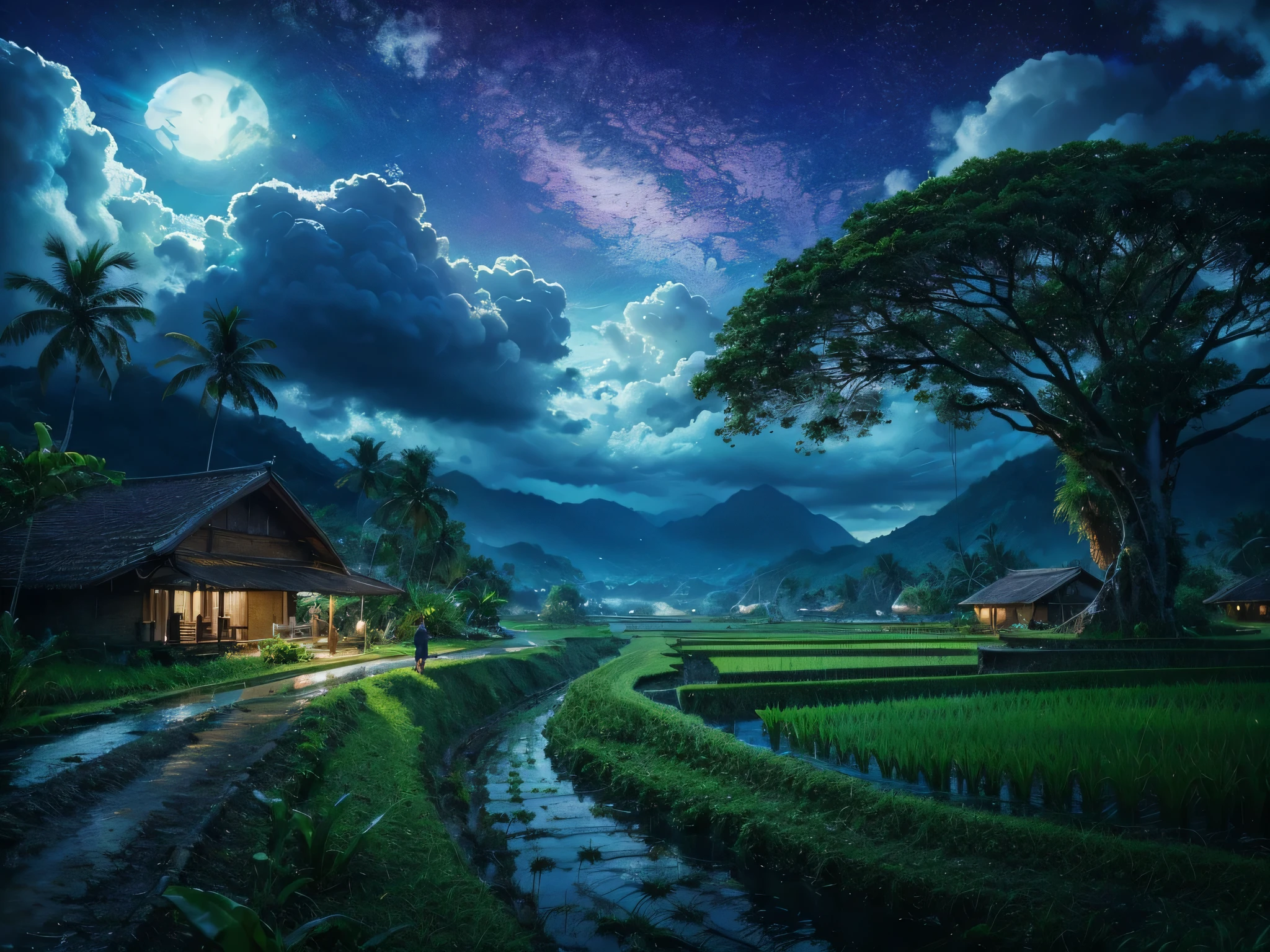 views of rice fields, hills, coconut trees, big trees, houses on the edge of the rice fields, people planting rice, rivers, rocks, majestic clouds, tropical plants and flowers in the foreground, inspired by oil painting, impressionist, wet on wet technique, color old painting