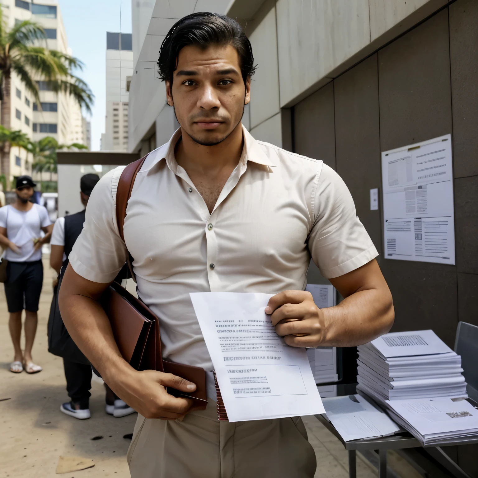 Homem, with papers in hand, em uma fila