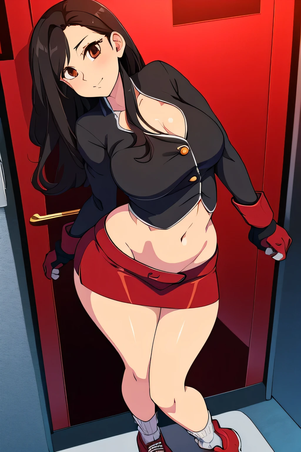 A sexy girl, tall, big chest, long wavy black hair, brown eyes, cute, dresses in white buttons, knotted, shows navel, wears a red skirt, red box shape, wears long net socks and brown sneakers, wears hand gloves, black steel 