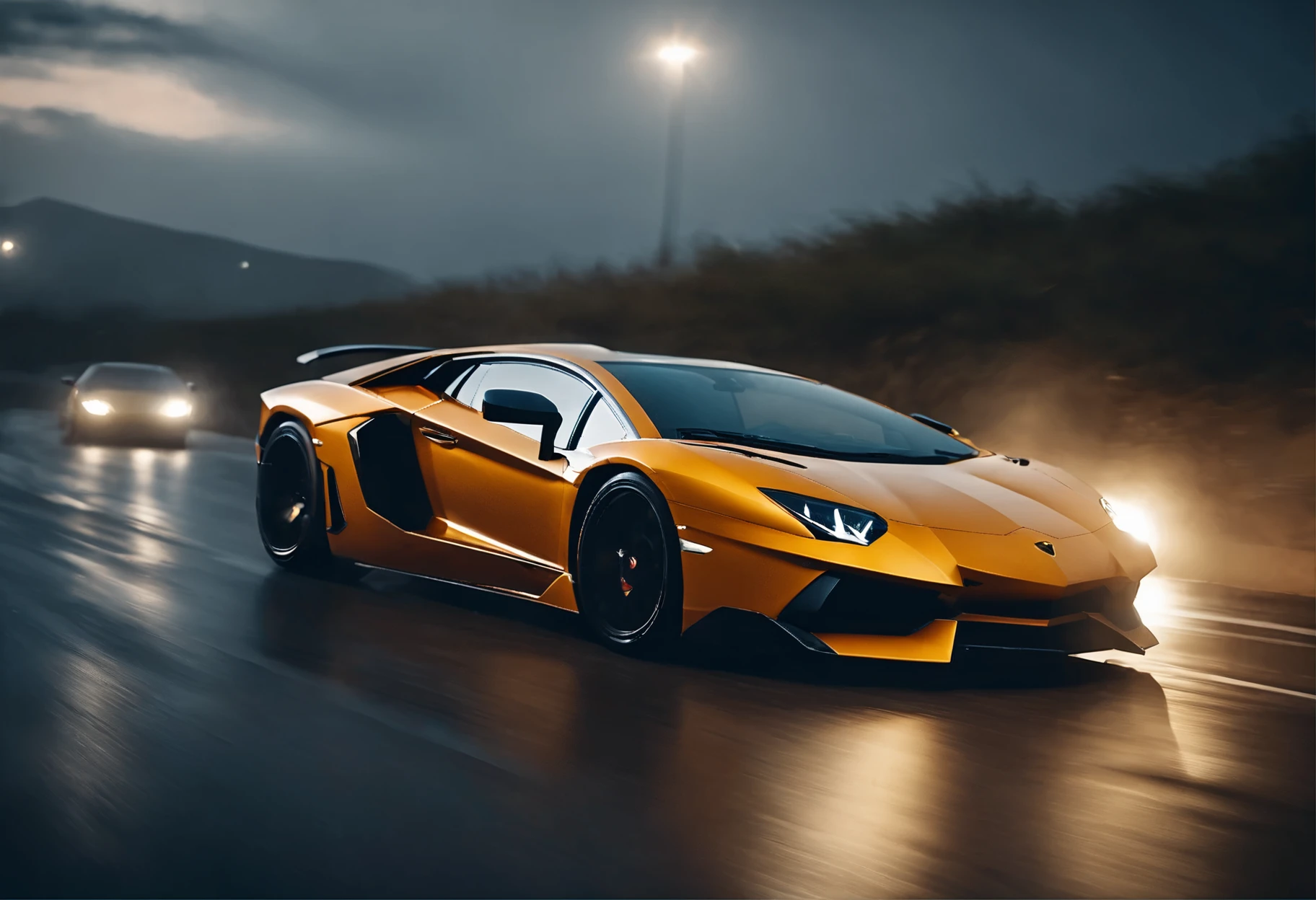 Lamborghini aventador sv drifting chase, action shot, high speed, night life, heavy rain, lens flare, intricate, elegant, highly detailed, realistic, concept art, matte, sharp focus, hearthstone