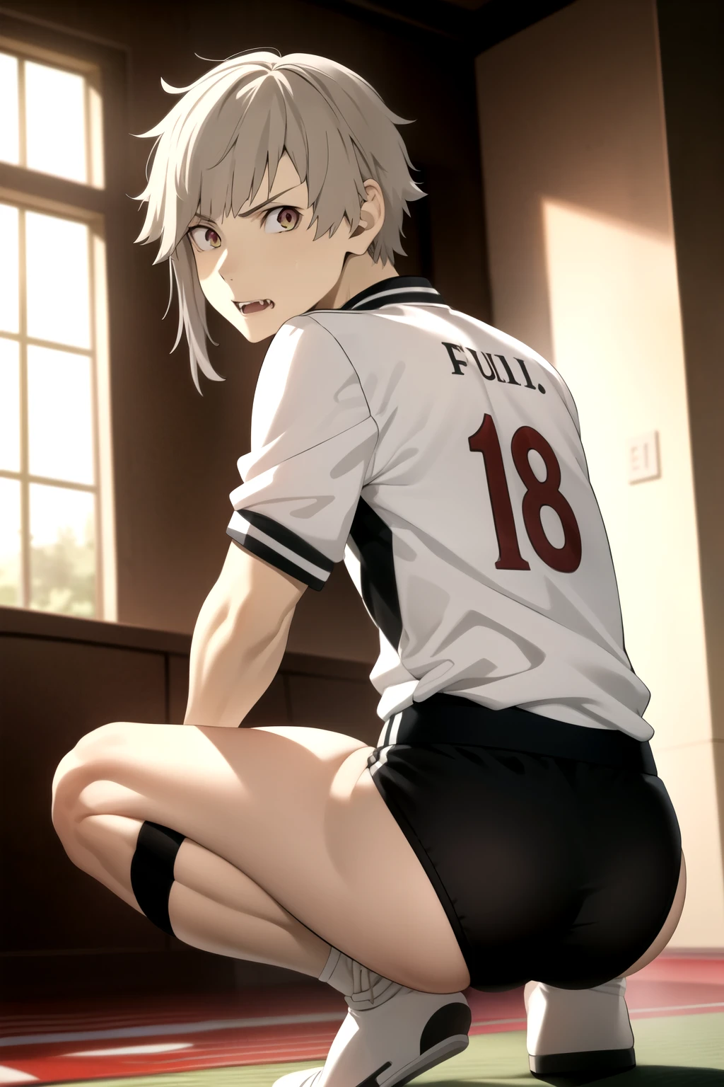 masterpiece, best quality, high quality, 1boy, solo, male focus, looking at viewer, nakajima_atsushi, grey hair, (volleybal uniform: 1.2), t-back side binding, de costas para o espectador, olhando para o espectador, de baixo, nadegas a mostra, squatting de costas, from behind, squatting, virilha exposta, sexual expression, fangs