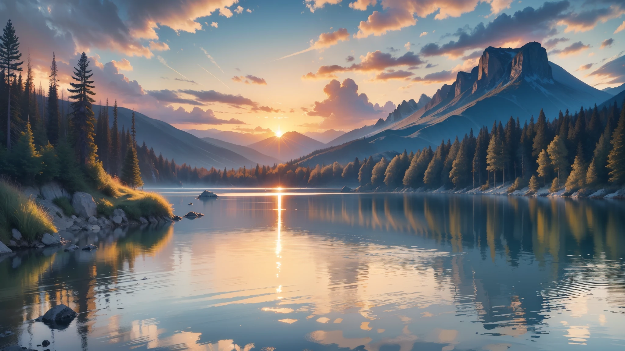 Imagine a serene landscape, with calm and crystal clear waters reflecting the last rays of sunshine of the day. The sky is painted in shades of orange, pink and gold, creating a magical and tranquil atmosphere. The gentle breeze caresses your face as you contemplate this scene.

In this scenario, you feel God's presence in a deep and comforting way. The harmony between the colors of the sky and the reflection in the waters conveys a sense of unity between the divine and nature. It is as if God is present in every ray of sunshine that is reflected in the water, enveloping everything with love and peace.

God's presence is felt in the serenity of the landscape, in the stillness of the waters and in the spectacle of the sunset. It is as if God Himself is painting the sky and blessing the world with His beauty and grace. It is a sacred time to connect with the divine, to find inner peace and to renew faith.

Water represents life and purification, and in this landscape, it is a reminder of God's care for us. Just like cleansing and refreshing water, God purifies and renews us with His presence and unconditional love. In the presence of God, the waters become a symbol of healing and spiritual renewal.

In this landscape of a morning with the sunset, in the tranquil waters, the presence of God is intensely felt. It is a time to connect with the divine, to reflect on His greatness, and to feel enveloped by His peace and love. It's a scene that inspires gratitude, reverence, and trust in God's constant presence in our lives. --auto