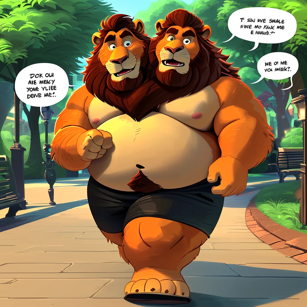 solo, (lion), two heads one body, two headed identical conjoined twin brothers, (adult male, 50 year old male, (detailed eyes:1.2, cartoon eyes), (stylized 3d, by disney, by rembrandt), by pixar, by dramamine, (burly, manly, beefy, obese:1.3, orange fur, beard)), park background, (shirtless, black athletic shorts), correct hands, (cartoon eyes, small dark pupils, masculine eyes, narrow eyes, six eyes), (ultradetailed, best quality, detailed masterpiece, highly detailed masterpiece, 4k, professional cartoon), ((natural pose:1.3, walking:1.3)), (((dadbod))), ears, ((talking:1.3, speech bubbles:1.3))