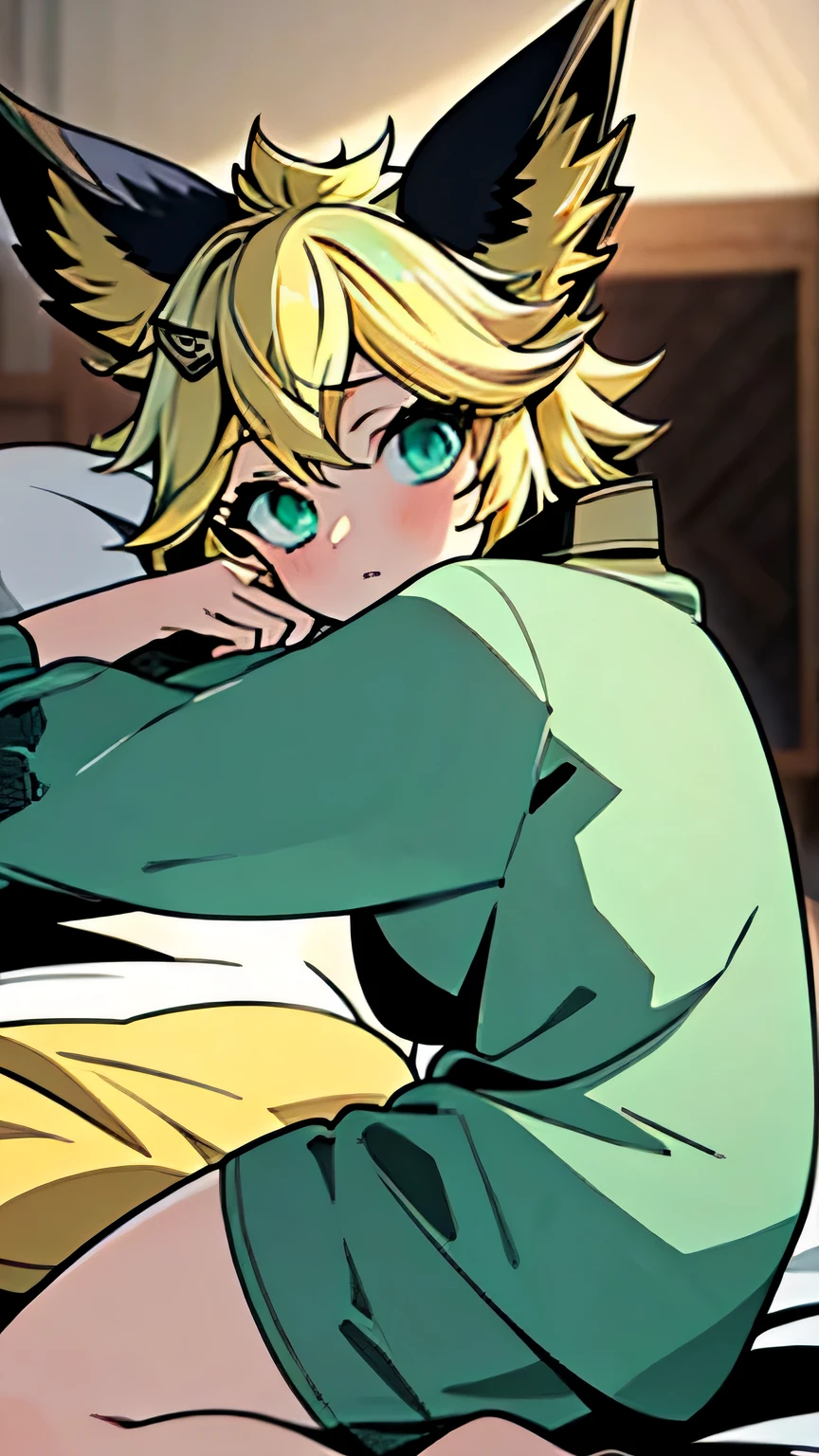 Masterpiece, high quality, 4k, best quality, Background in bedroom, girl, yellow hair, Green eyes, wearing pajamas, Animal ears, Sleep on your back on the bed