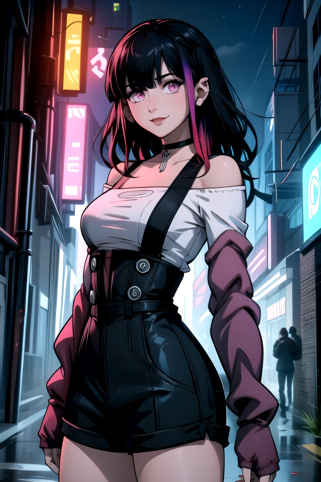 rouge redstar,1girl, black hair, solo, long hair, pink eyes, black overall shorts,white off-shoulder shirt, indian red arm warmers,ear ornament, black choker, streaked hair, blunt bangs, long sleeves, looking at viewer,seductive smile, cowboy shot,stone wall, (best quality, masterpiece),Cyber punk stretts ,night time,cowboy shot ,silver buttons,small breasts