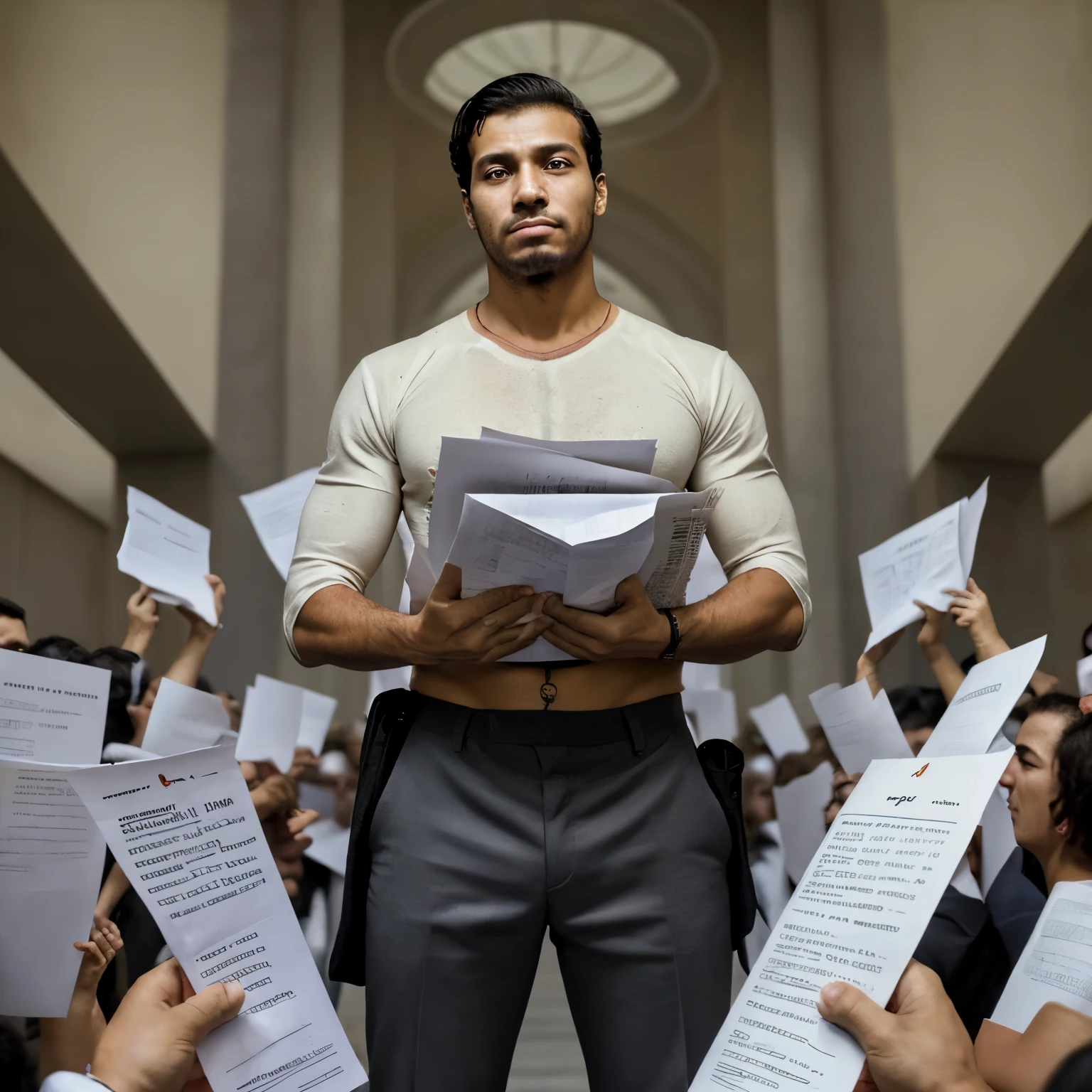 Homem, with papers in hand, em uma fila, olhando para cima