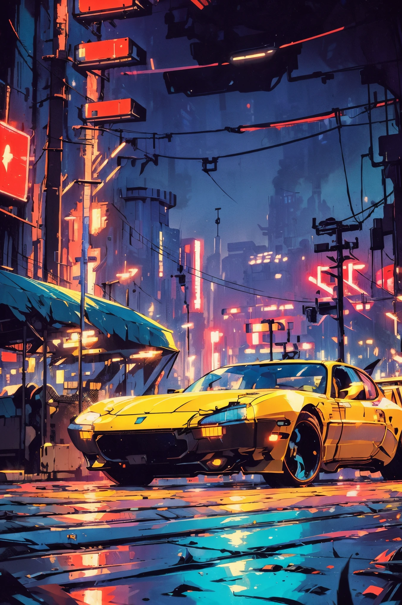 ((Cyberpunk future)), image of the center of a cyberpunk city, surrounded by buildings with a river in the middle, ferry in the city, yellow ferry, point crossing the city, advertising signs everywhere, retro future